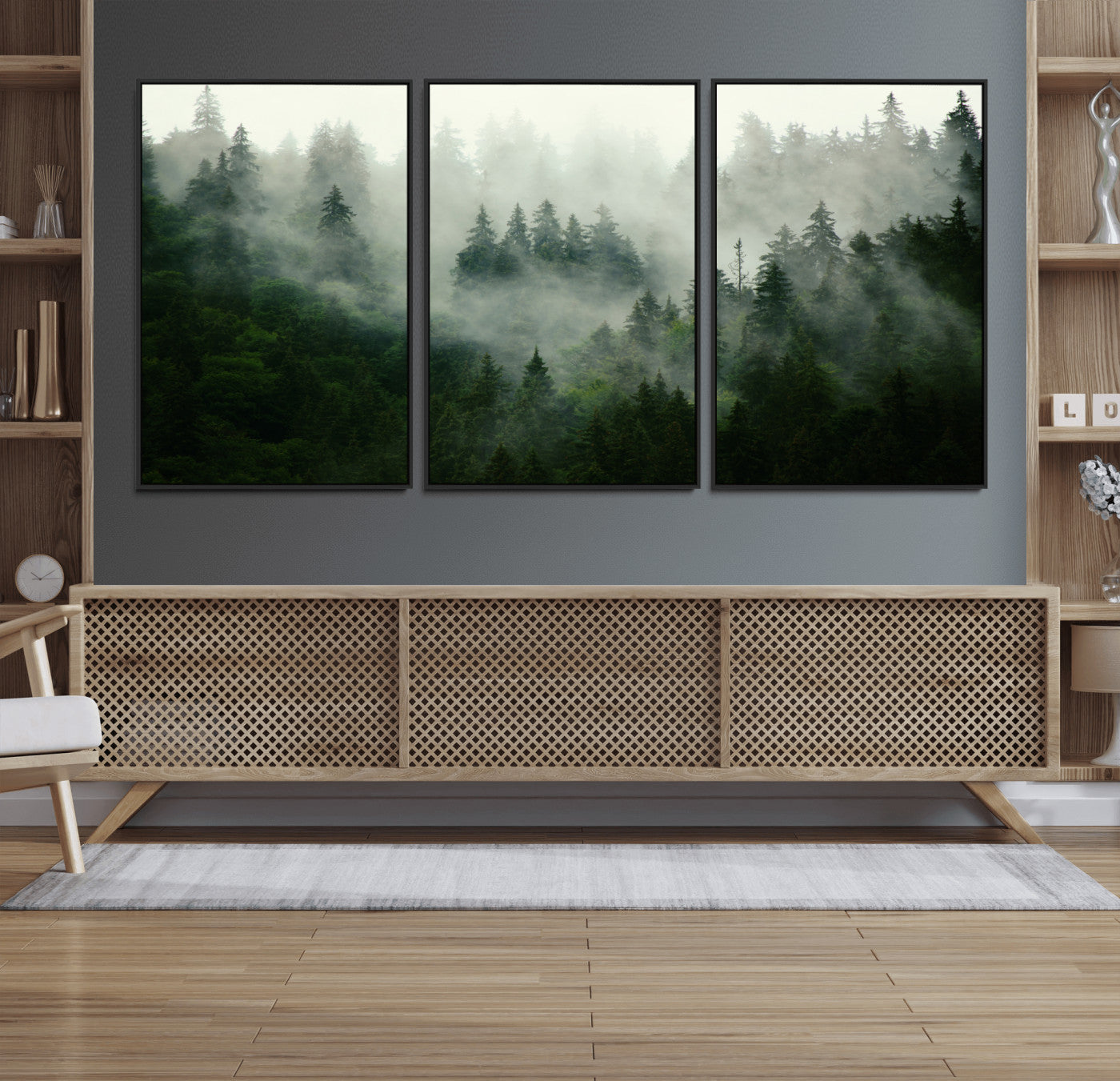 167720496-MGV-CV-36X24-Misty Forest Wall Art – Serene Evergreen Trees Canvas Print, Foggy Mountain Nature Landscape Decor for Bedroom, Living Room or