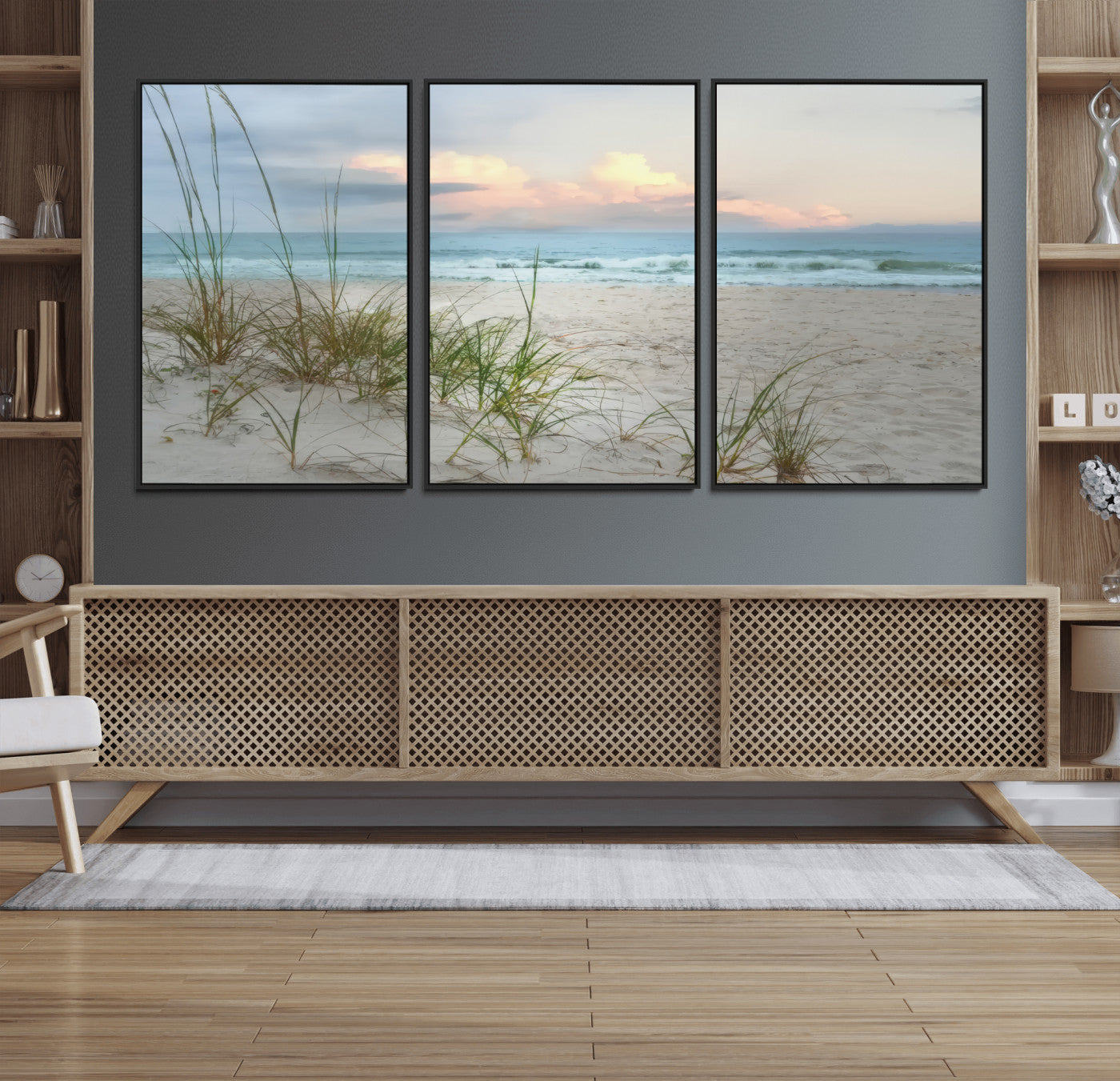 Test1001-MGV-FC-60X30-3P_Black-Coastal Beach Wall Art – Panoramic Ocean Waves and Sandy Dunes Canvas Print, Serene Seascape with Sea Oats for Relaxing Home or