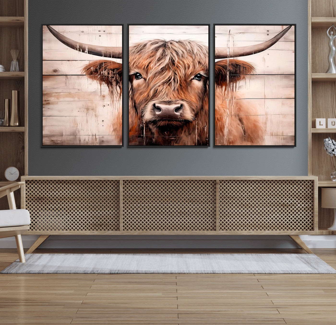 93730-MGV-FC-60X30-3P_Black-Scottish Cow Wall Art Canvas Print, Framed Longhorn Cow Art Picture Print, Highland Cattle Perfect Rustic Farmhouse Decor Artwork