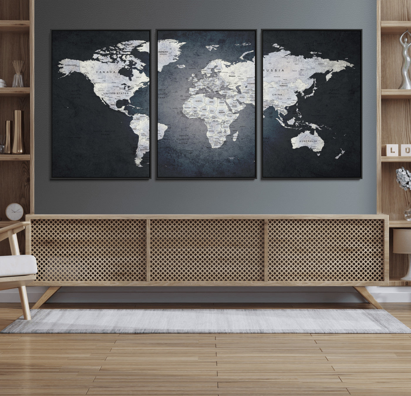 19124-MGV-CV-36X24-Modern World Map Wall Art – Black and White Canvas Print, Minimalist Global Map Decor for Office, Study, Bedroom or Living Room