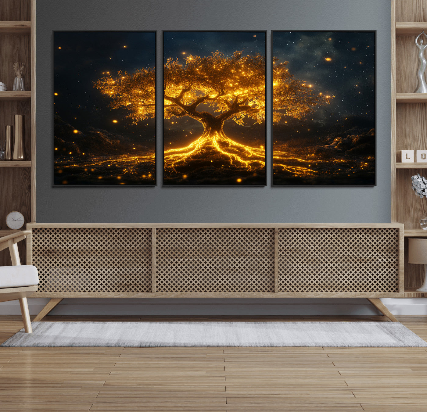 60194-MGV-FC-60X30-3P_Black-Glowing Tree Wall Art – Golden Roots Fantasy Canvas Print, Mystical Illuminated Tree Painting Poster for Living Room, Bedroom,