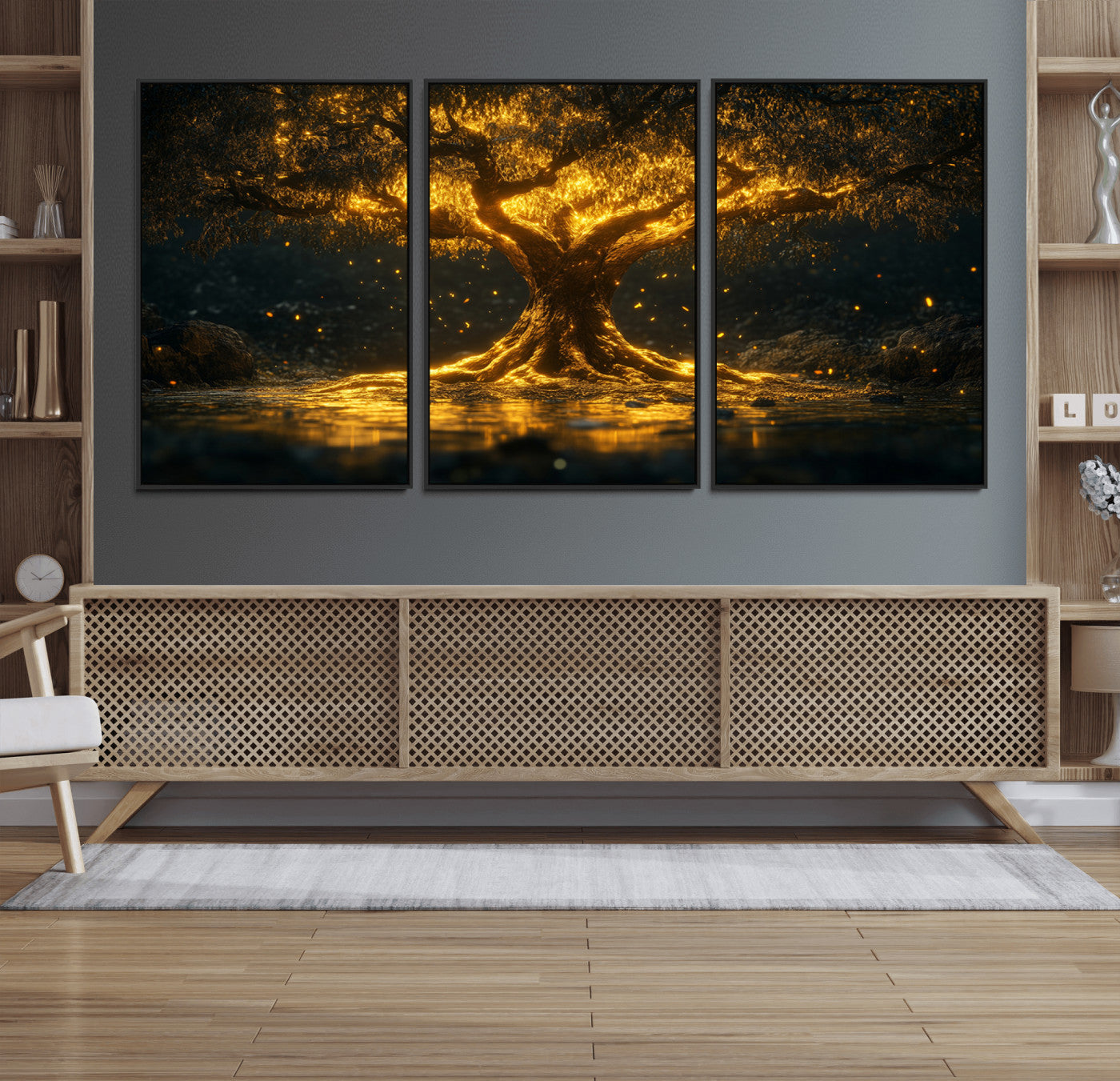 59580-MGV-FC-60X30-3P_Black-Glowing Tree Wall Art – Golden Fantasy Nature Canvas Print, Mystical Illuminated Tree Painting Poster for Living Room, Bedroom,