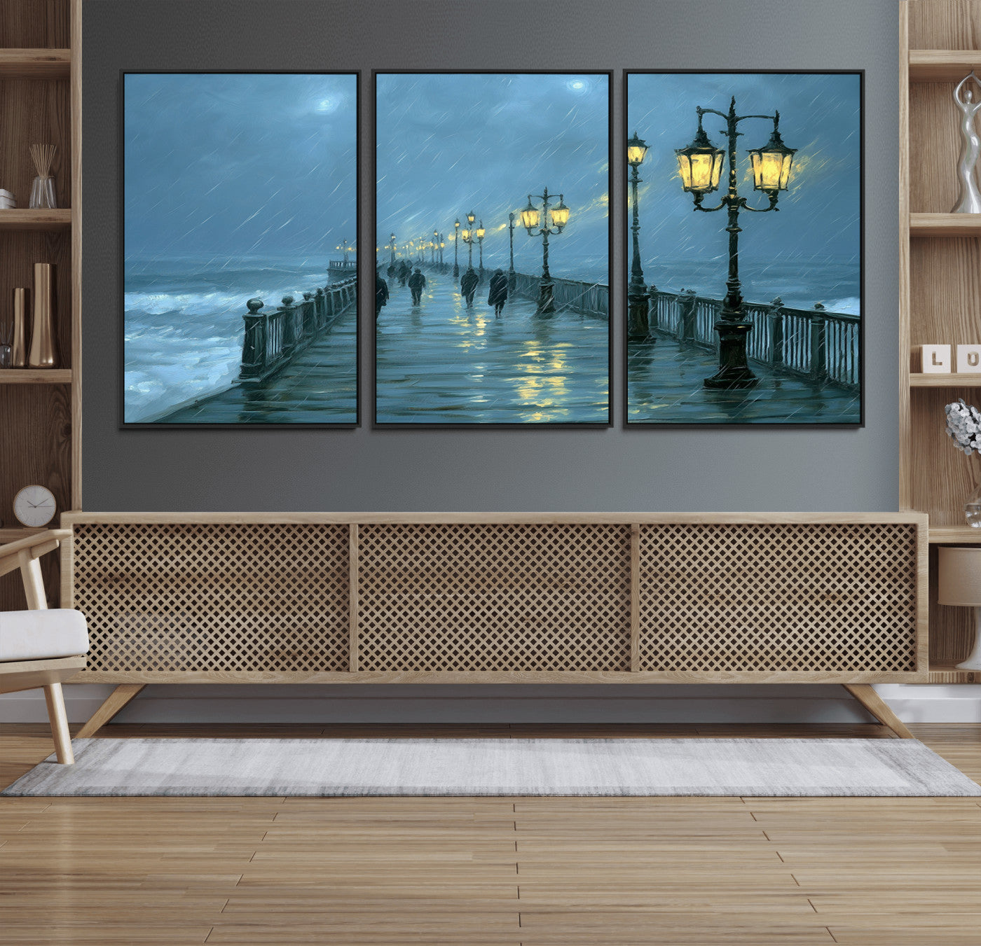 79606-MGV-FC-60X30-3P_Black-Rainy Pier Night Wall Art – Ocean Waves and Street Lamps Canvas Print, Moody Seascape Oil Painting Poster for Living Room,