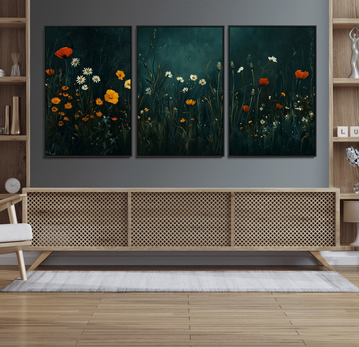 87037-MGV-CV-36X24-Wildflower Wall Art – Dark Botanical Floral Canvas Print, Modern Nature Painting Poster with Daisies Poppies Orange Flowers for