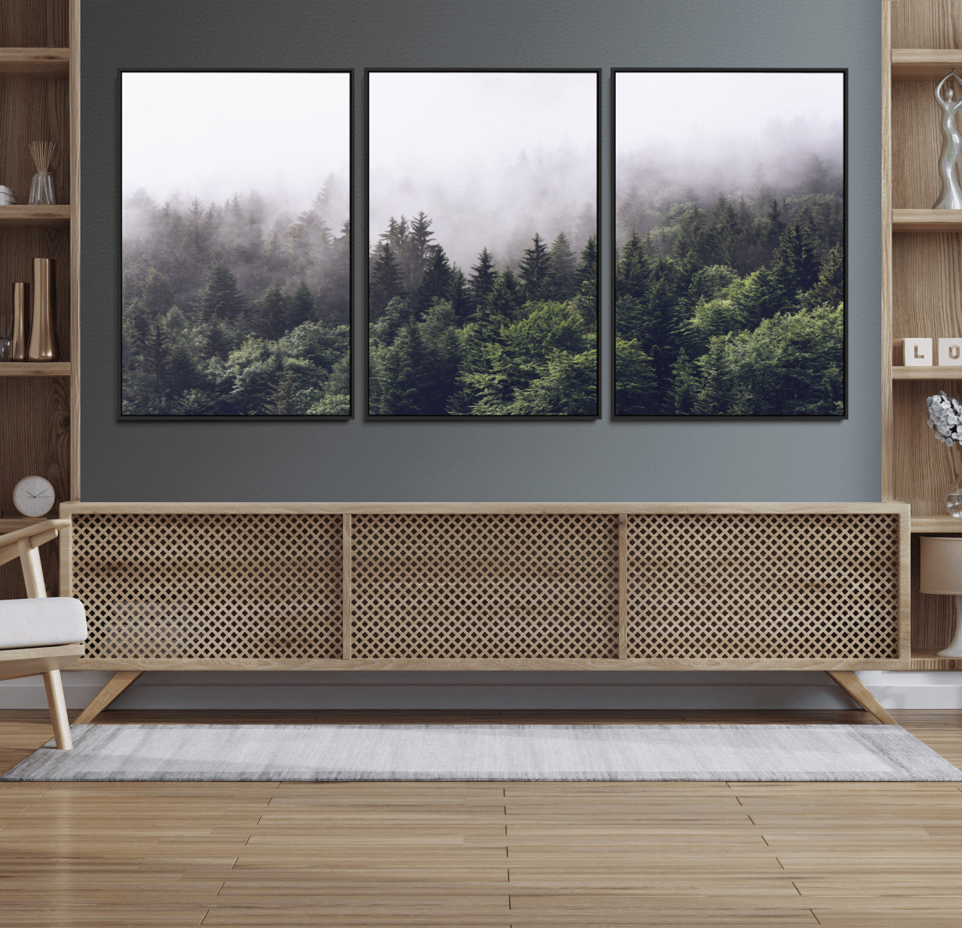 42578900-MGV-FC-60X30-3P_Black-Misty Pine Forest Wall Art – Tranquil Foggy Mountain Canvas Print, Nature Landscape Décor for Bedroom, Living Room, Cabin or