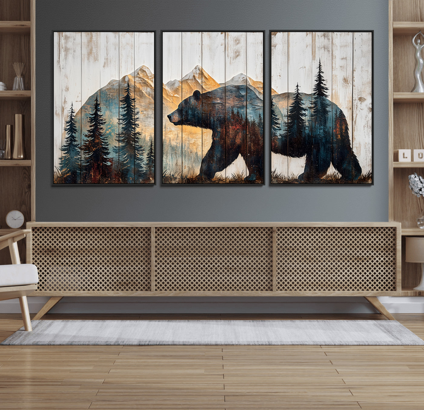 90077-MGV-CV-36X24-Wood Grizzly Bear Wall Art Canvas Print, Framed Abstract Bear Art Picture Print, Bear in Forest Perfect Rustic Lodge Decor Artwork