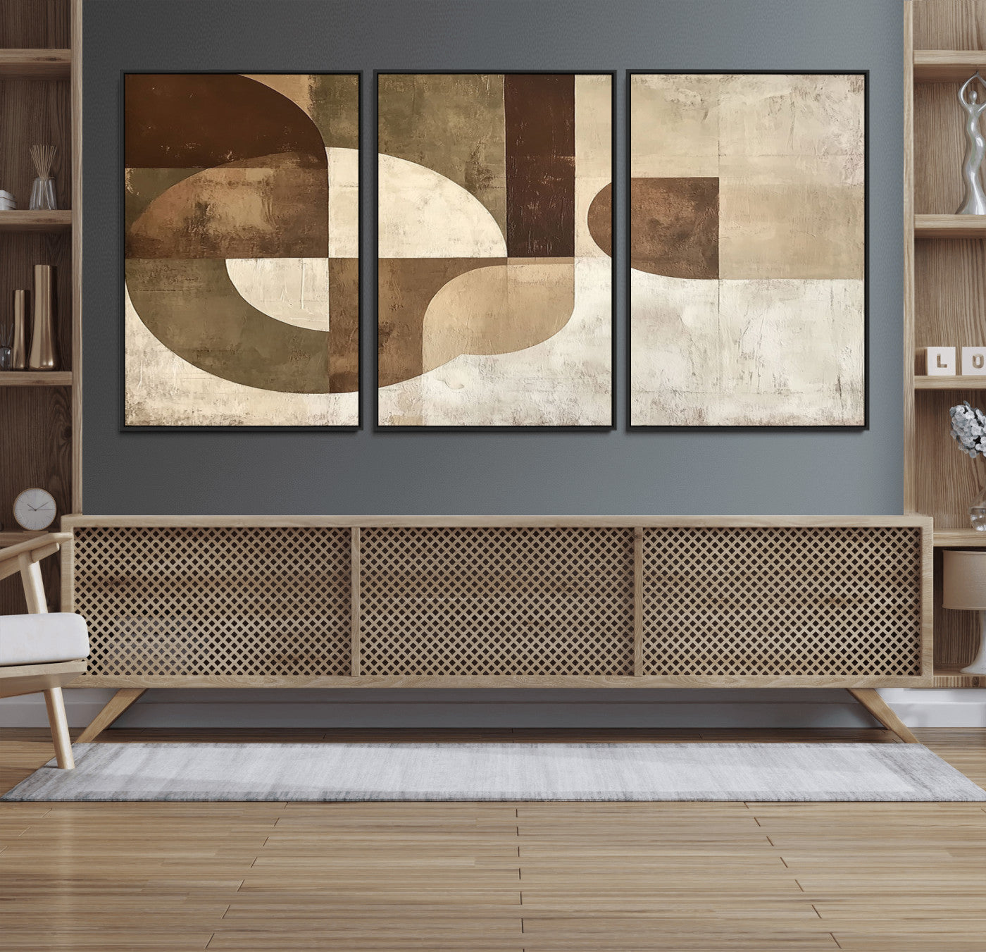 59767-MGV-FC-60X30-3P_Black-Abstract Geometric Shapes Wall Art – Modern Minimalist Canvas Print, Neutral Brown Beige Tan Artwork for Living Room, Bedroom,