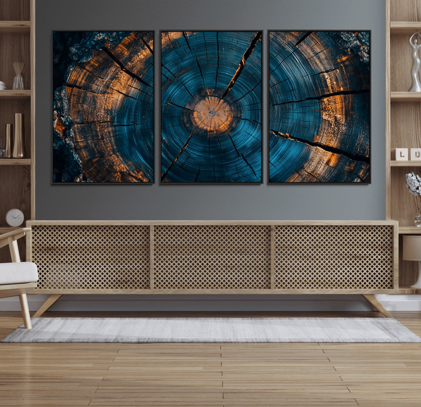 65231-MGV-FC-60X30-3P_Black-Blue and Gold Tree Ring Wall Art – Rustic Abstract Wood Slice Canvas Print, Modern Nature Inspired Artwork for Living Room,