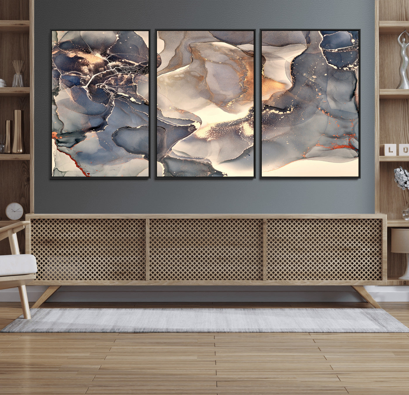 18202-MGV-FC-60X30-3P_Black-Abstract Neutral Wall Art – Blue, Beige and Gold Fluid Ink Canvas Print, Modern Minimalist Painting for Living Room, Office