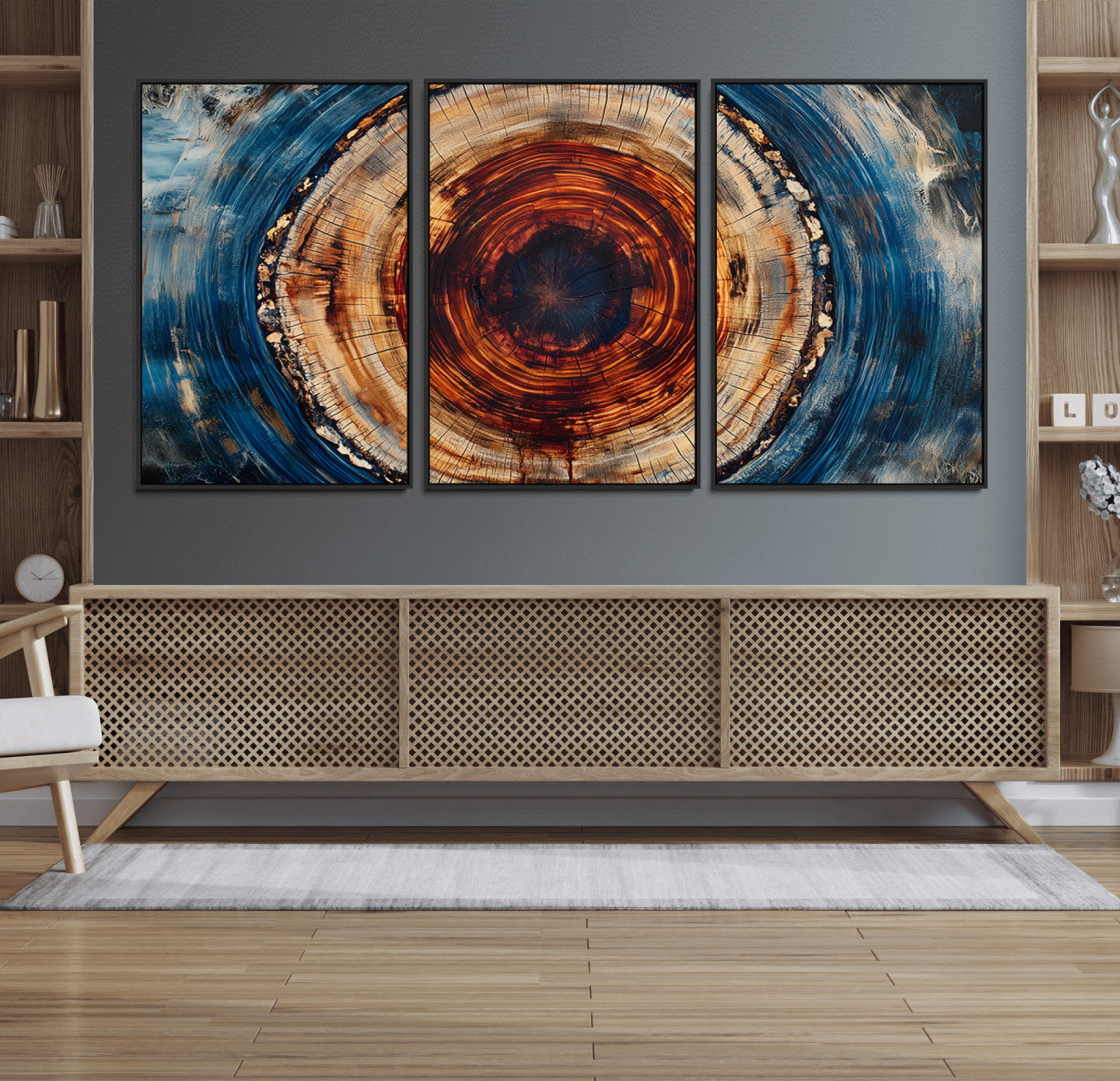 90395-MGV-FC-60X30-3P_Black-Tree Ring Wall Art – Abstract Wood Grain Canvas Print with Fiery Red and Blue Tones, Bold Rustic Nature Inspired Artwork Decor for