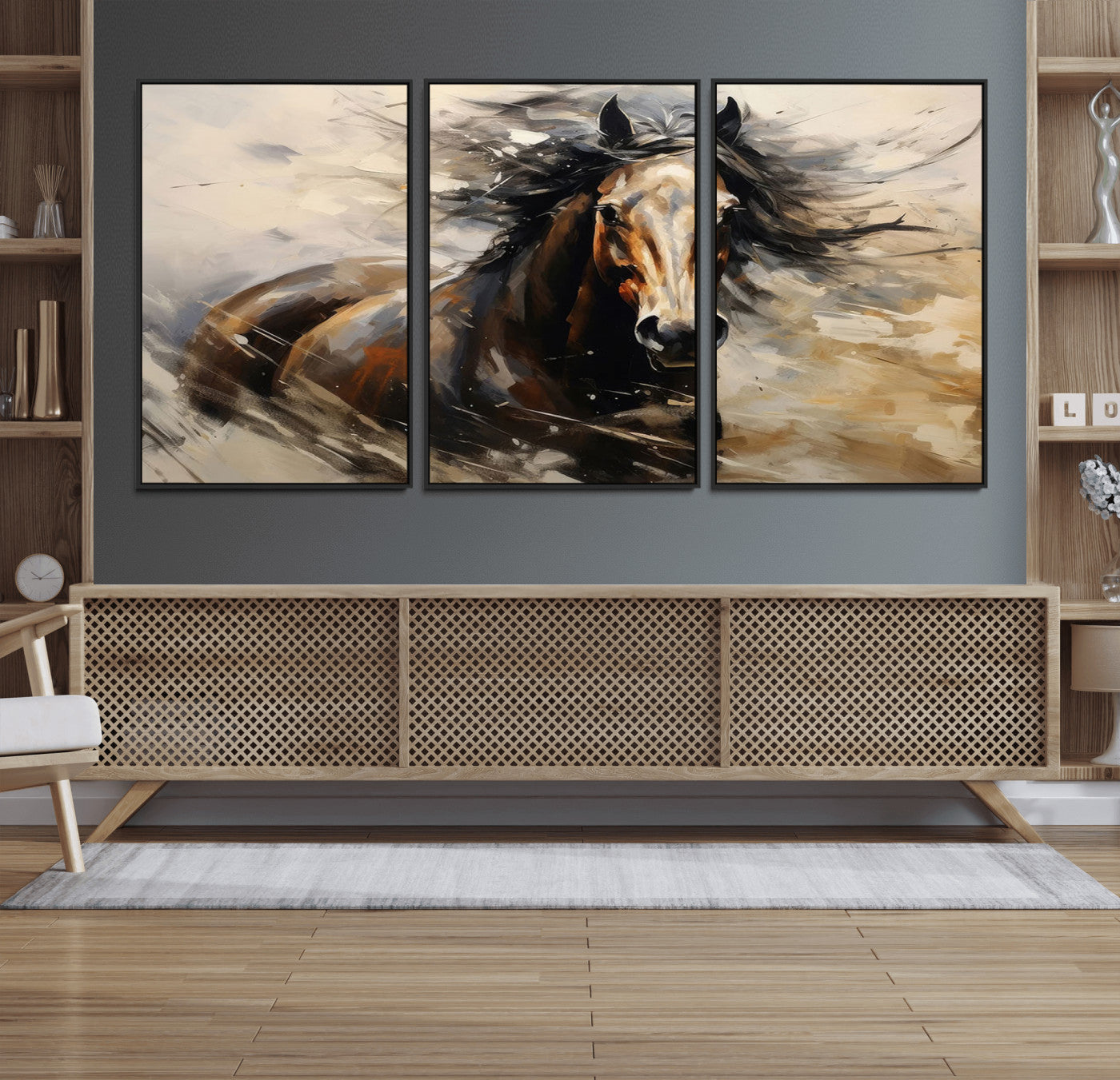 53001-MGV-FC-60X30-3P_Black-Wild Horse Wall Art – Majestic Stallion Canvas Print with Flowing Mane, Rustic Western Style Painting for Living Room, Office or