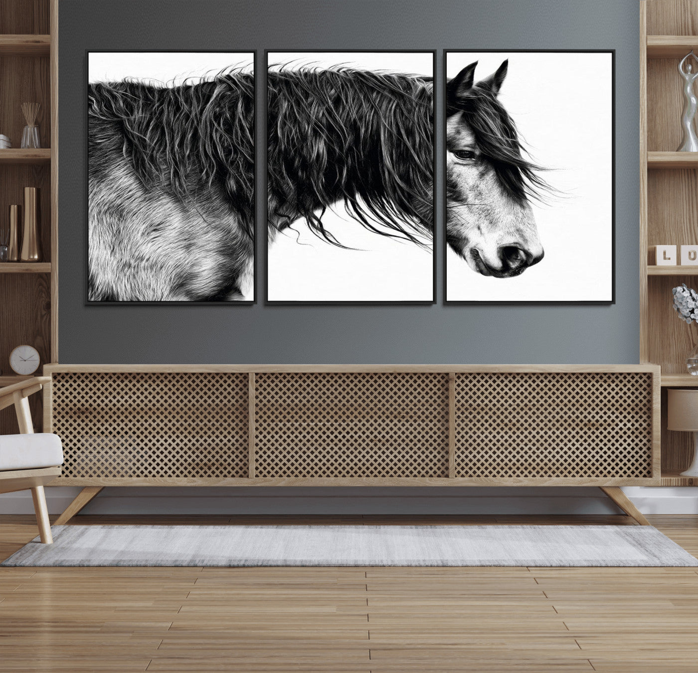 57694-MGV-FC-60X30-3P_Black-Horse Portrait Wall Art – Black and White Canvas Print with Detailed Stallion Profile, Rustic Farmhouse Equestrian Artwork for