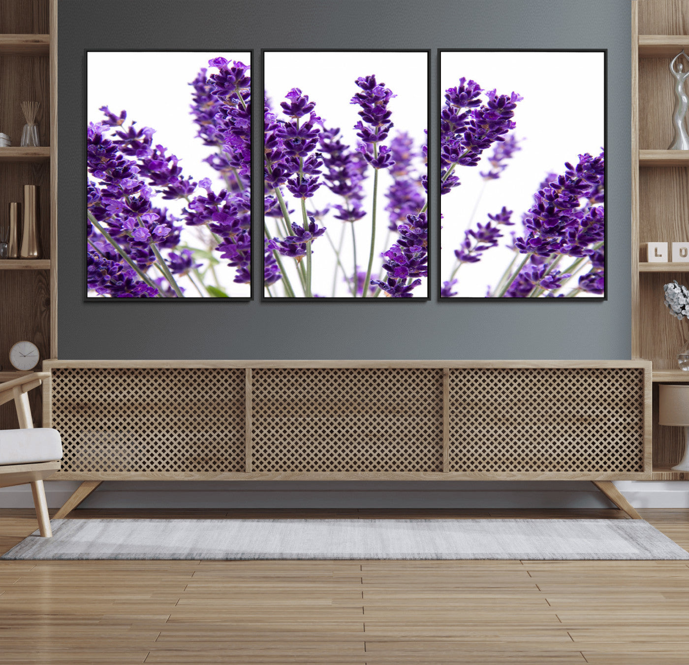 76859-MGV-FC-60X30-3P_Black-Lavender Flower Wall Art – Botanical Canvas Print Featuring Purple Floral Bouquet, Nature Inspired Artwork for Living Room,
