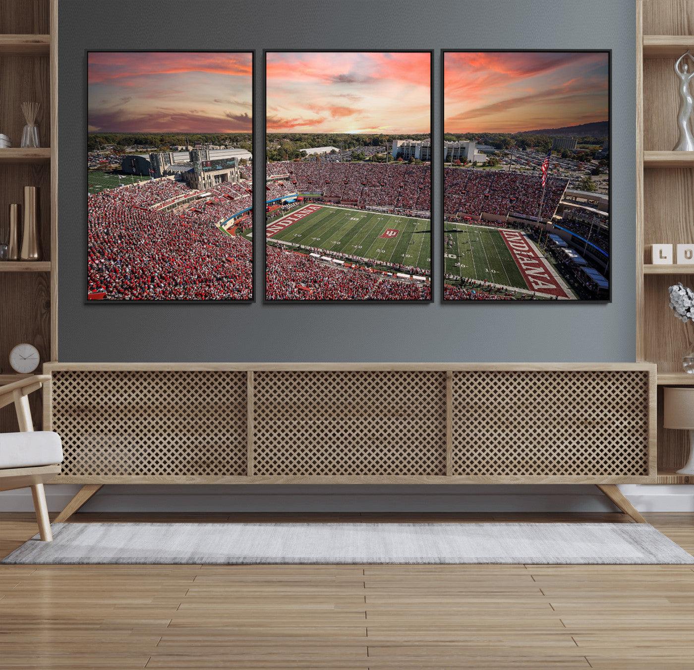 51135-MGV-FC-60X30-3P_Black-Indiana Hoosiers Stadium Wall Art – Panoramic Football Canvas Print with Game Day Crowd and Sunset Sky, Sports Artwork for Man