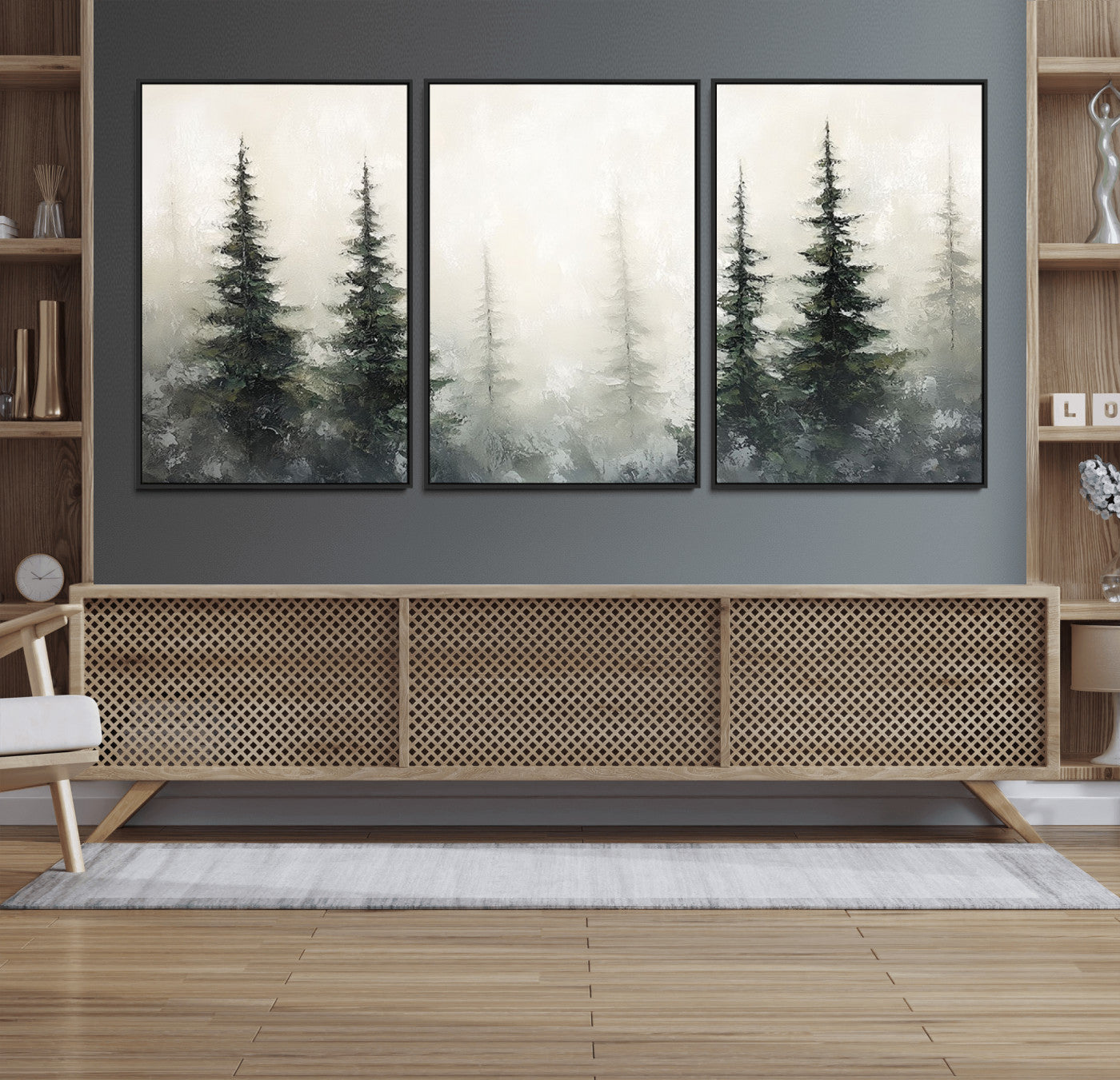 33241-MGV-CV-36X24-Misty Forest Wall Art Canvas Print, Framed Foggy Pines Art Picture Print, Forest Haze Perfect Rustic Minimalist Decor Artwork