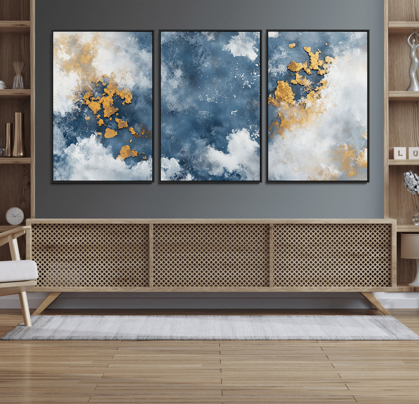 39575-MGV-FC-60X30-3P_Black-Blue and Gold Abstract Wall Art – Modern Canvas Print Featuring Cloudy Textures with Metallic Accents, Contemporary Artwork for