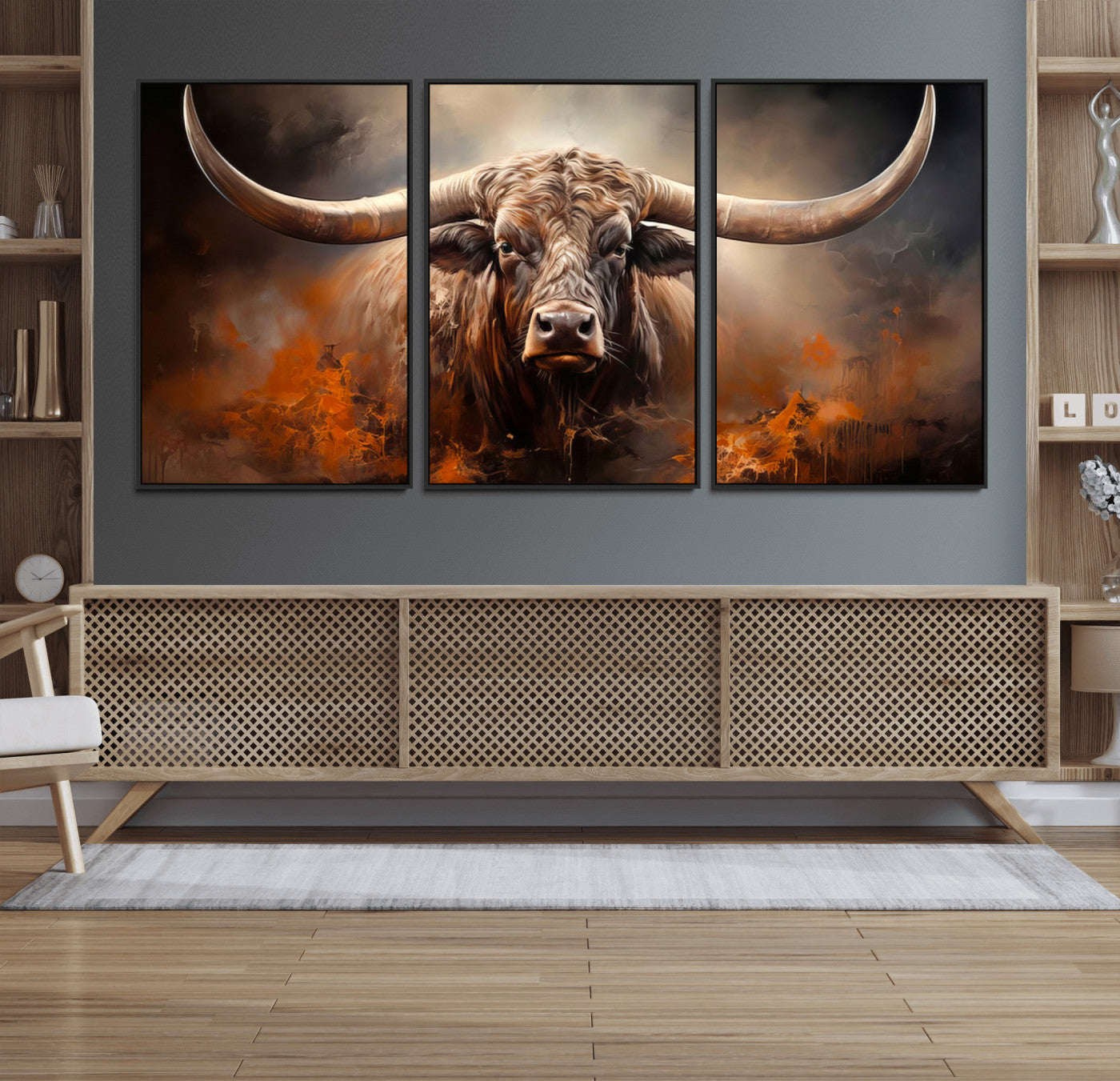 240479-MGV-FC-60X30-3P_Black-Longhorn Bull Wall Art – Dramatic Western Canvas Print Featuring Horned Bull with Fiery Background, Rustic Farmhouse Artwork for