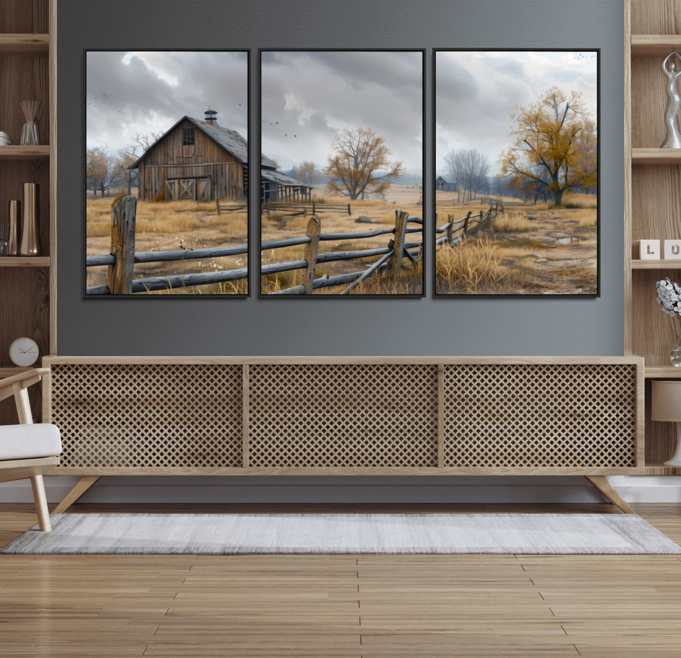 Farm1-MGV-CV-36X24-Rustic Autumn Farmhouse Wall Art – Serene Countryside Scene Canvas Print, Weathered Barn and Autumn Trees Decor for Living Room,