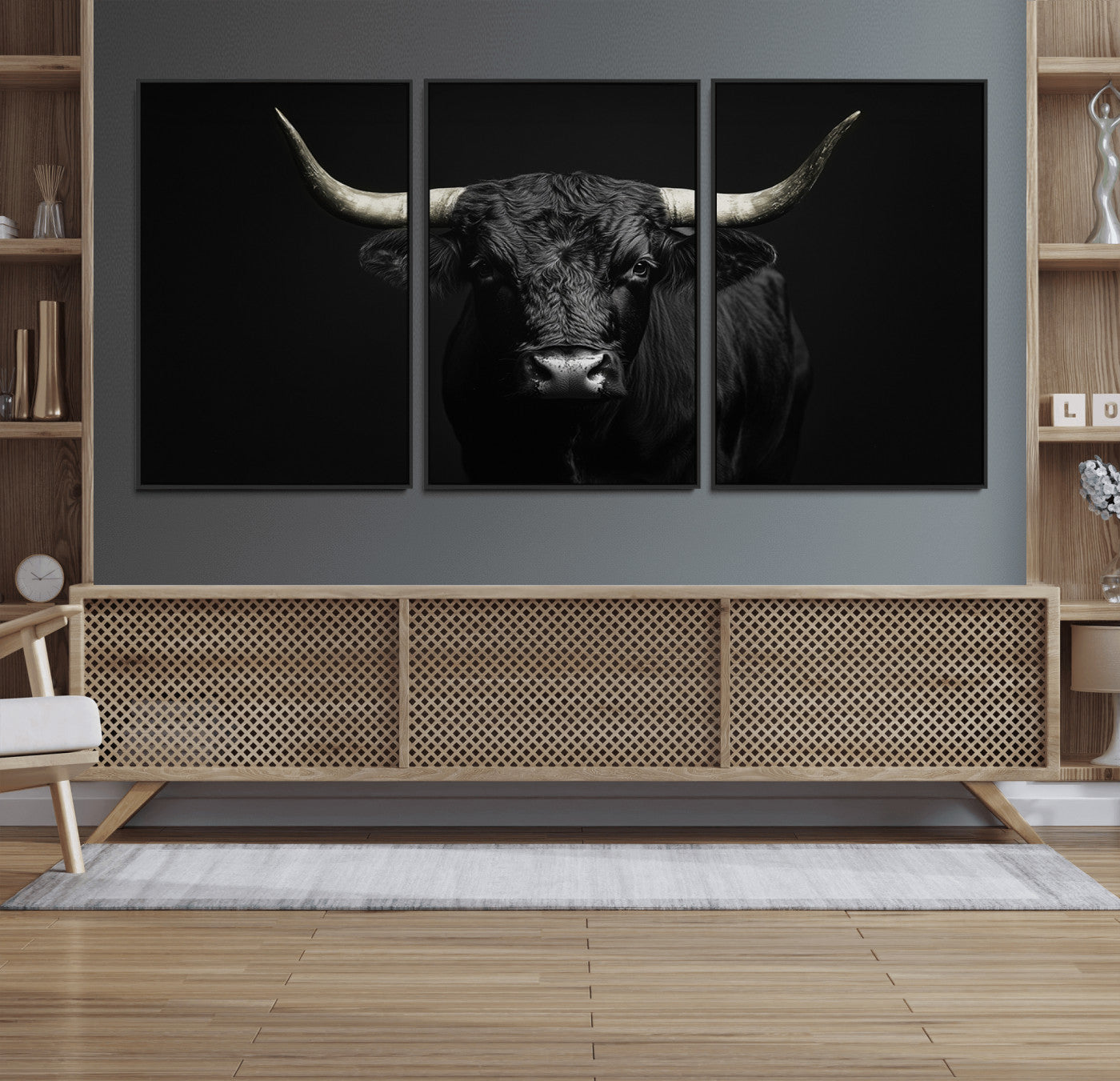 97914921-MGV-FC-60X30-3P_Black-Black Bull Wall Art Canvas Print, Framed Longhorn Bull Art Picture Print, Western Bull Perfect Monochrome Western Decor Artwork