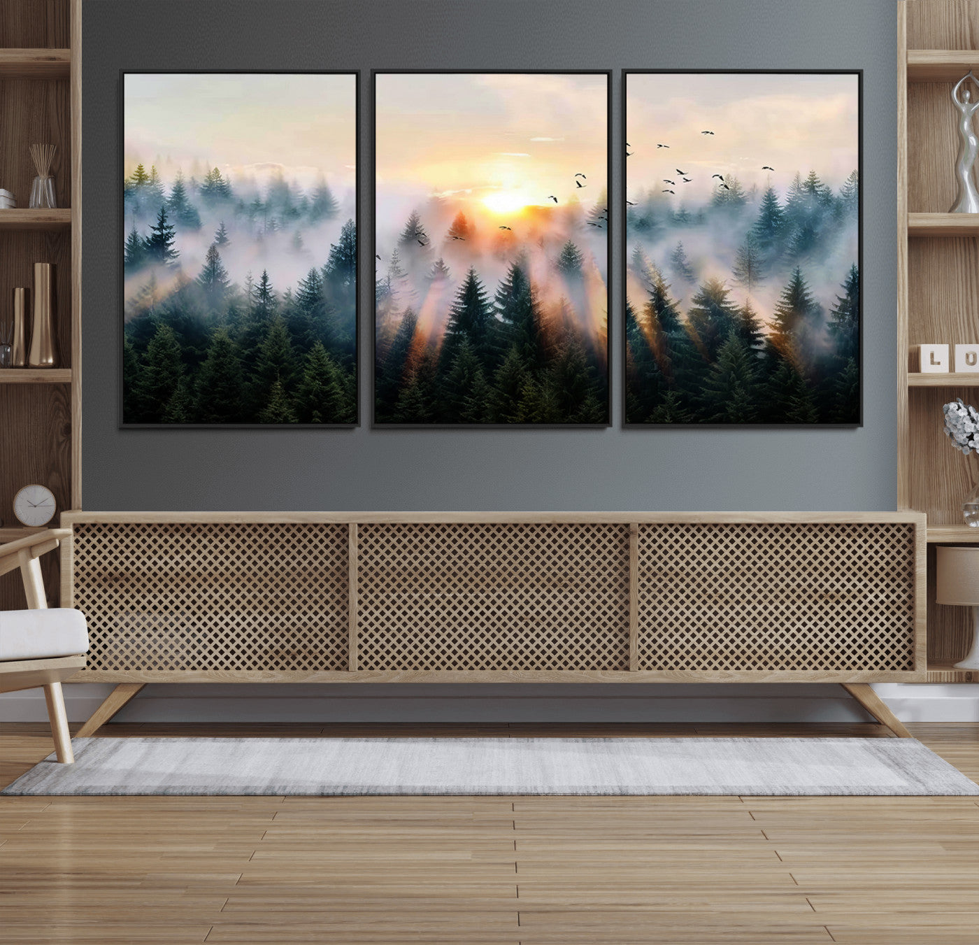 56391411-MGV-FC-60X30-3P_Black-Misty Forest Wall Art Canvas Print, Framed Sunrise Pines Art Picture Print, Moody Pines Perfect Serene Woodland Decor Artwork