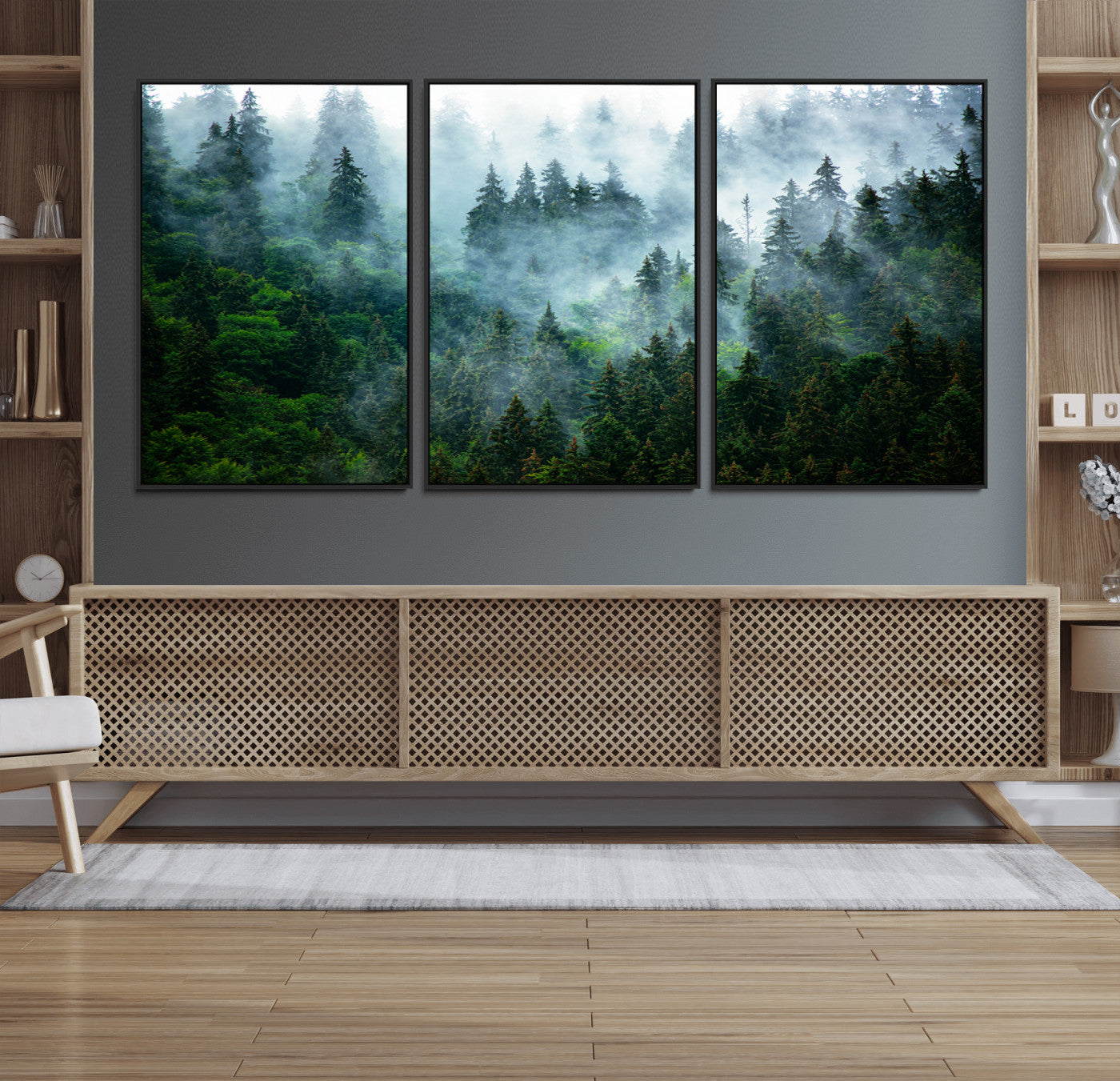 17393683-MGV-FC-60X30-3P_Black-Misty Forest Art Wall Art Canvas Print, Framed Foggy Mountain Art Art Picture Print, Scenic Wall Print Perfect Decor Artwork