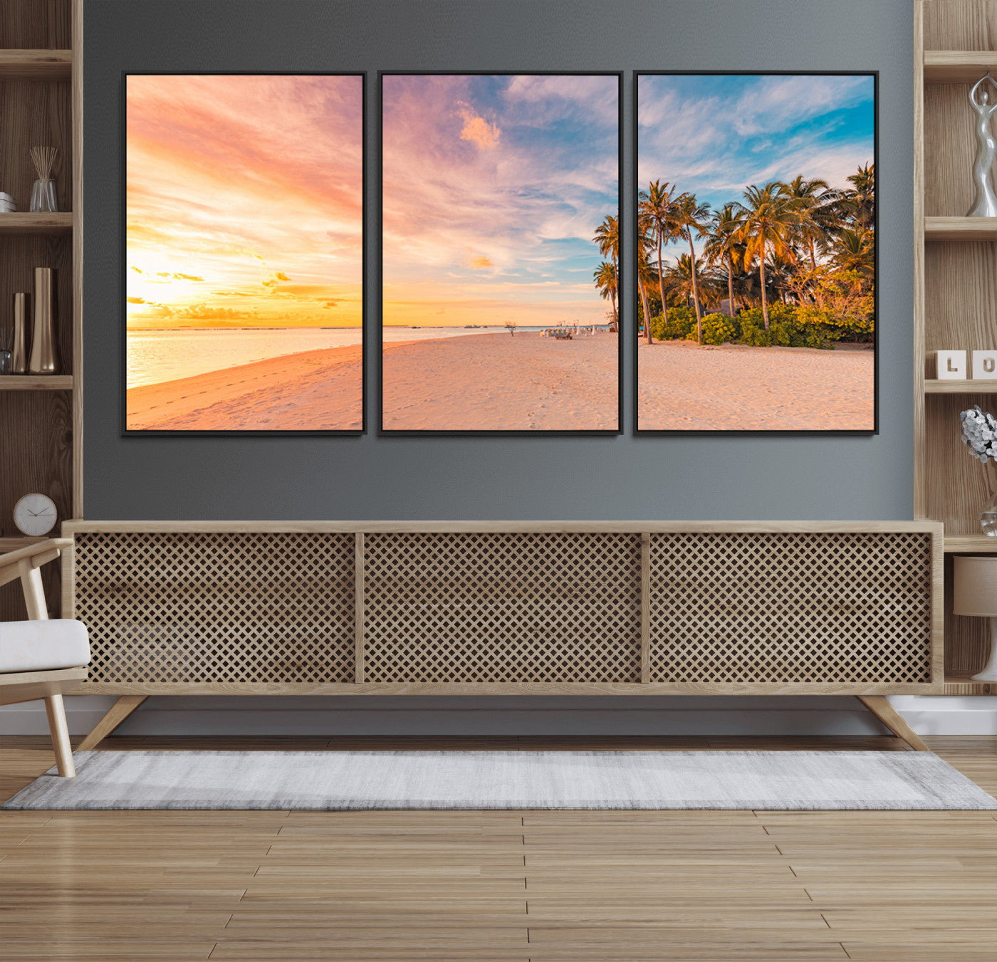 41542880-MGV-FC-60X30-3P_Black-Tropical Beach Wall Art Canvas Print, Framed Palm Trees Art Picture Print, Sunset Shore Perfect Tropical Coastal Decor Artwork
