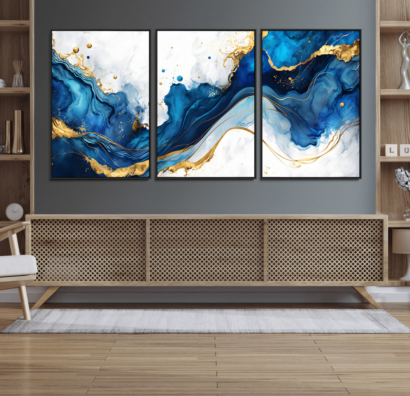 33506371-MGV-FC-60X30-3P_Black-Blue Marble Wall Art Canvas Print, Framed Gold Splash Art Picture Print, Abstract Wave Perfect Modern Luxe Decor Artwork