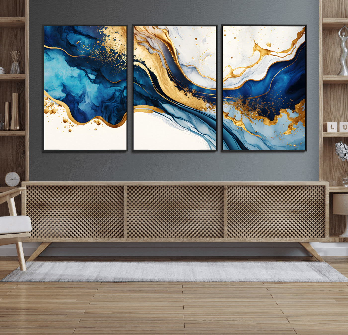 60283636-MGV-CV-36X24-Blue Gold Flow Wall Art Canvas Print, Framed Marble Texture Art Picture Print, Elegant Splash Perfect Elegant Abstract Decor
