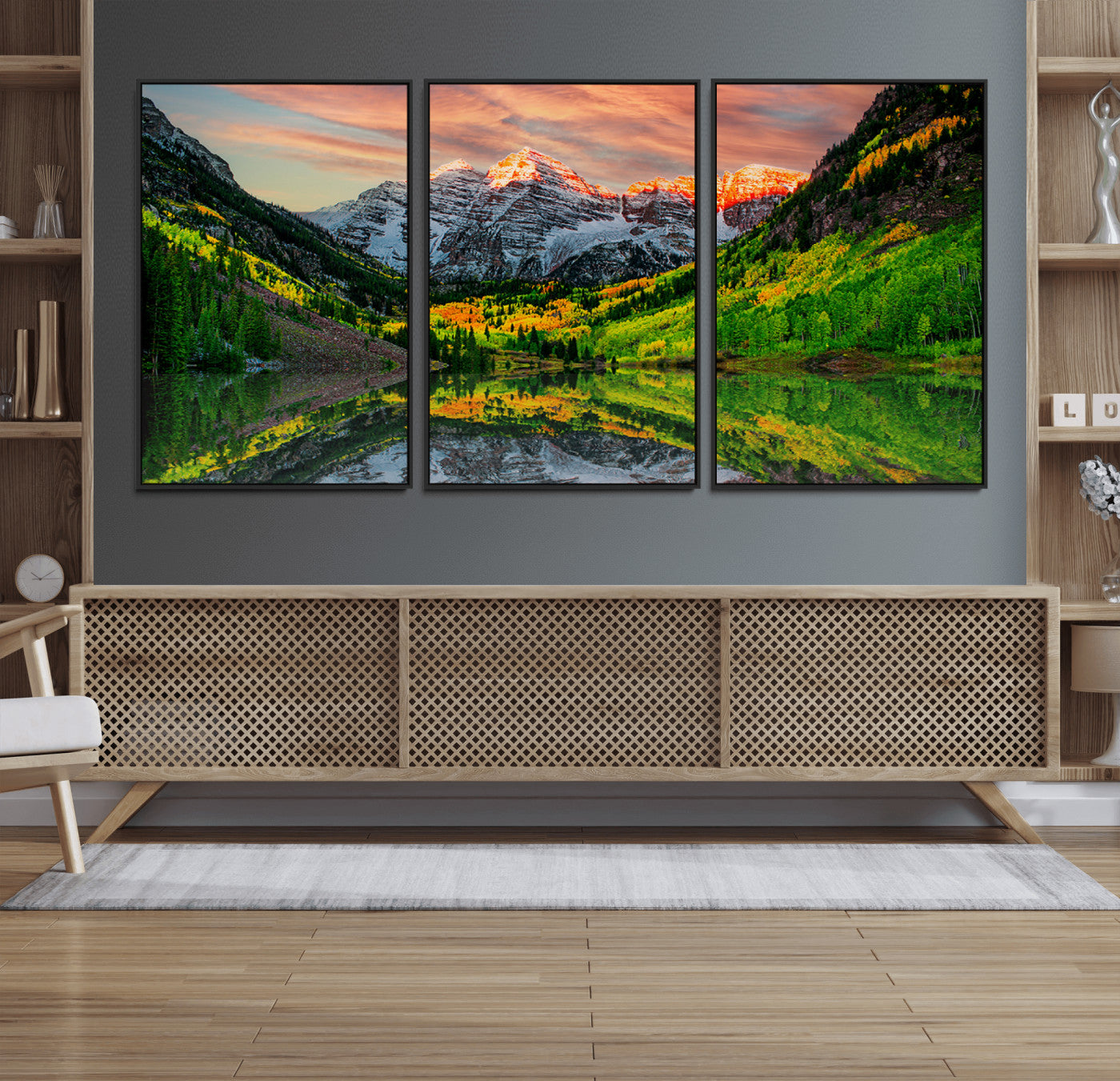 59533484-MGV-FC-60X30-3P_Black-Maroon Bells Autumn Wall Art – Panoramic Mountain Landscape Canvas Print, Sunset Reflection Nature Artwork for Living Room, Office
