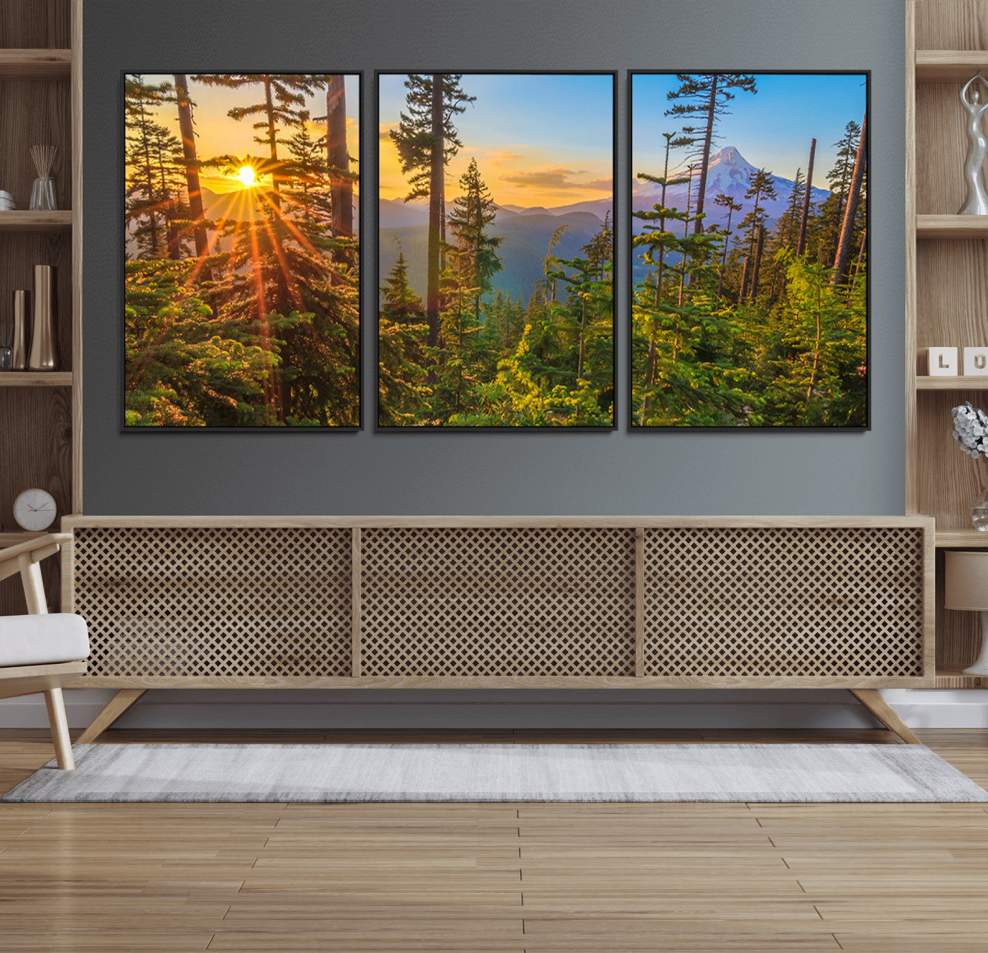 83544043-MGV-FC-60X30-3P_Black-Forest Sunset Wall Art Canvas Print, Framed Sunset Trees Art Picture Print, Green Pines Perfect Rustic Nature Decor Artwork