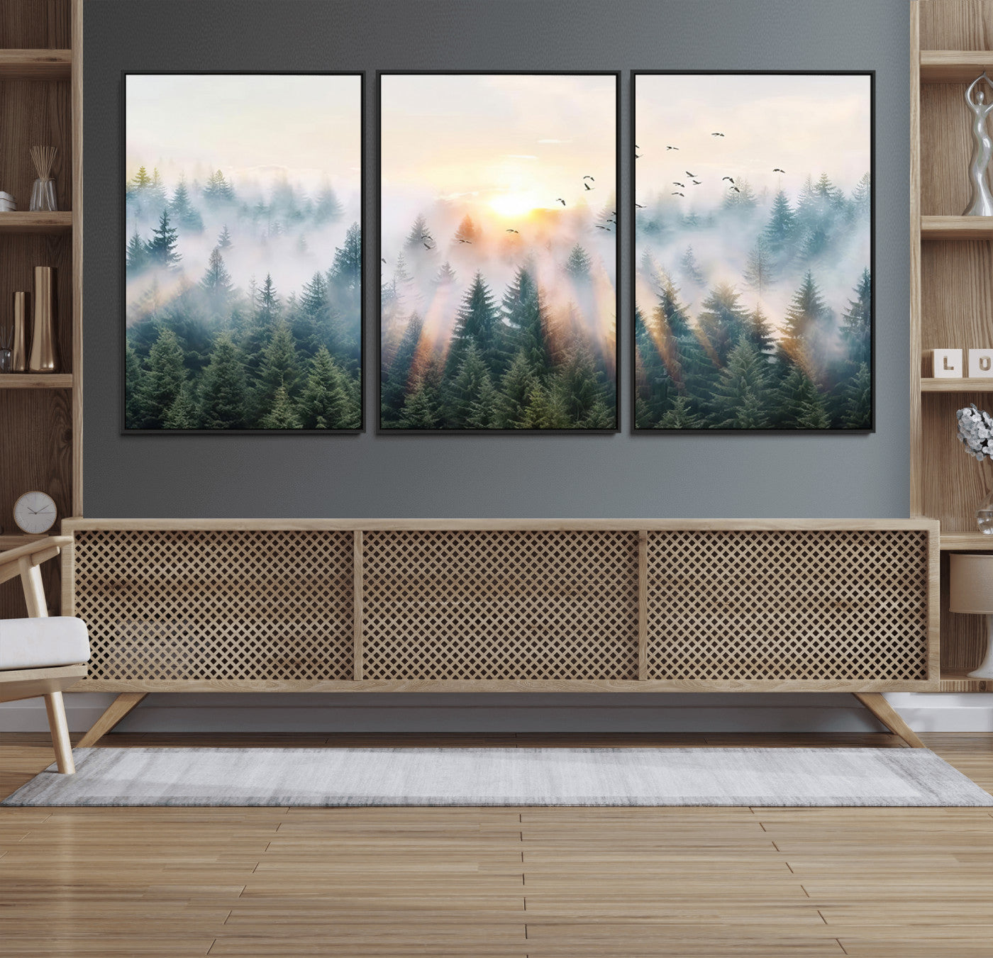 92718976-MGV-FC-60X30-3P_Black-Misty Forest Wall Art Canvas Print, Framed Sunrise Pines Art Picture Print, Foggy Woodland Perfect Moody Woodland Decor Artwork