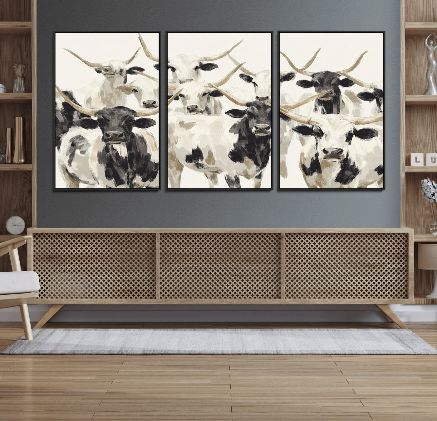 52947970-MGV-CV-36X24-Texas Longhorn Wall Art Canvas Print, Framed Cattle Herd Art Picture Print, Herd Portrait Perfect Modern Farmhouse Decor Artwork