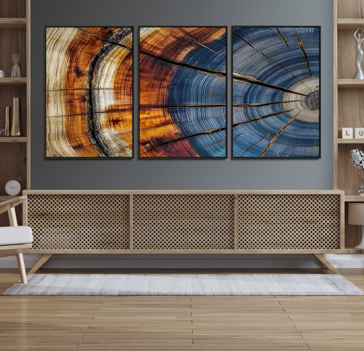 96890915-MGV-FC-60X30-3P_Black-Abstract Tree Ring Wall Art – Rustic Nature Canvas Print with Wood Grain Texture, Modern Earth Tone Artwork for Office, Living