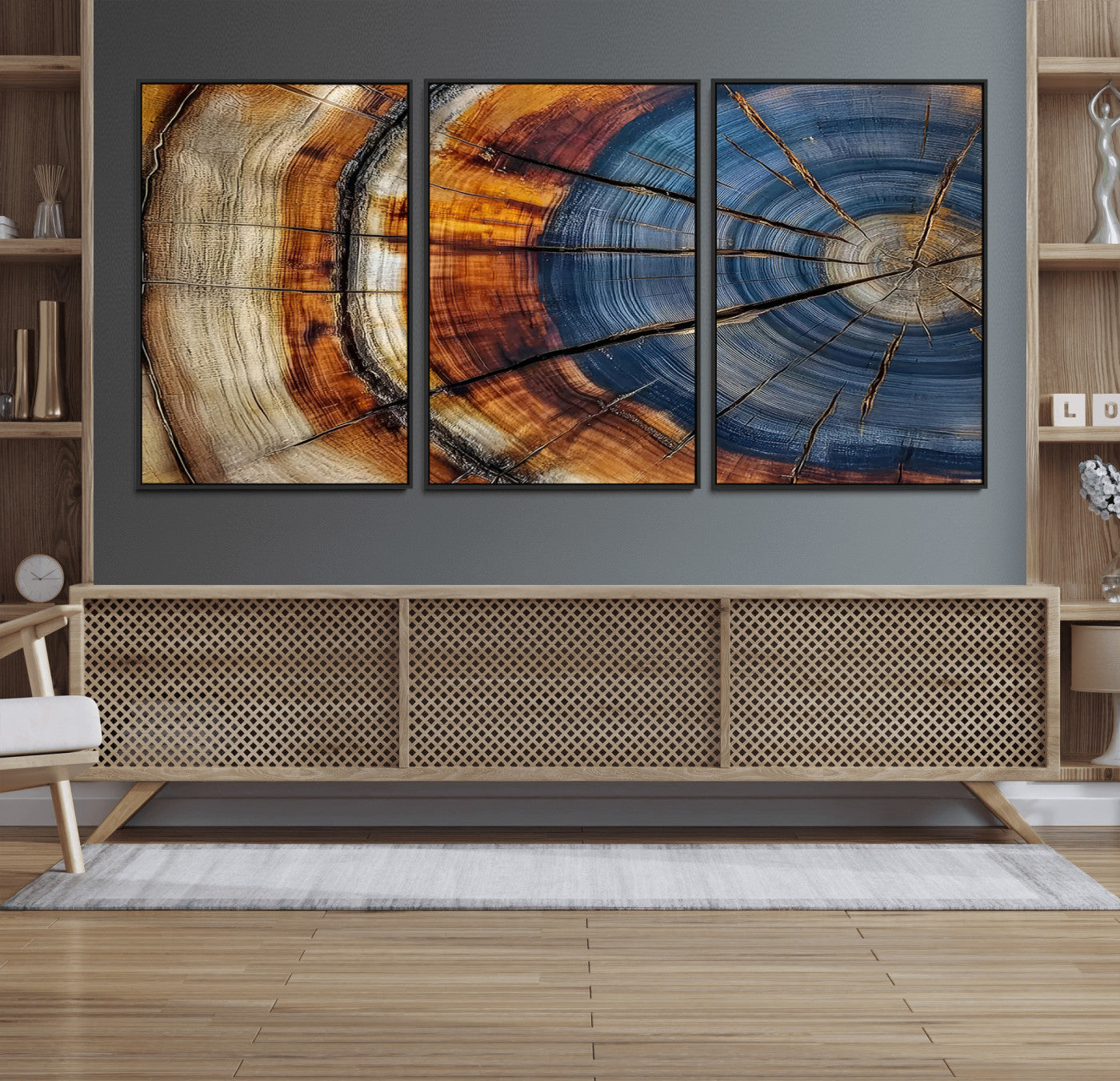 18032999-MGV-FC-60X30-3P_Black-Tree Ring Wall Art – Blue Brown Abstract Wood Slice Canvas Print, Rustic Modern Nature Decor for Living Room, Office, Bedroom or