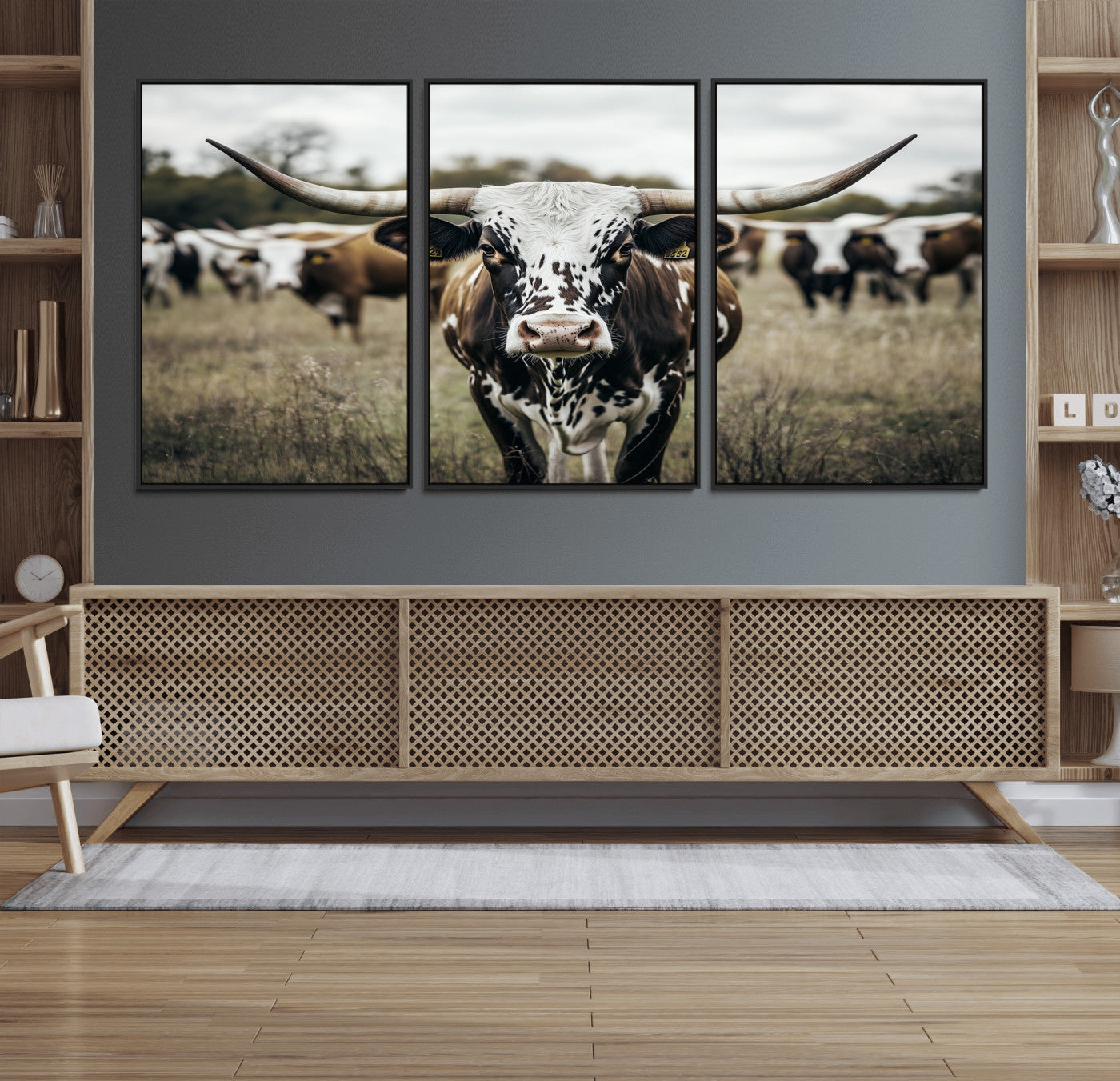 79025945-MGV-CV-36X24-Texas Longhorn Wall Art Canvas Print, Framed Speckled Cow Art Picture Print, Horned Cattle Perfect Rustic Western Decor Artwork