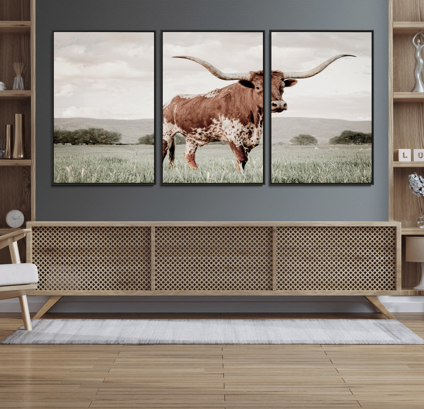 28309012-MGV-FC-60X30-3P_Black-Texas Longhorn Wall Art Canvas Print, Framed Spotted Cattle Art Picture Print, Horned Bull Perfect Rustic Western Decor Artwork