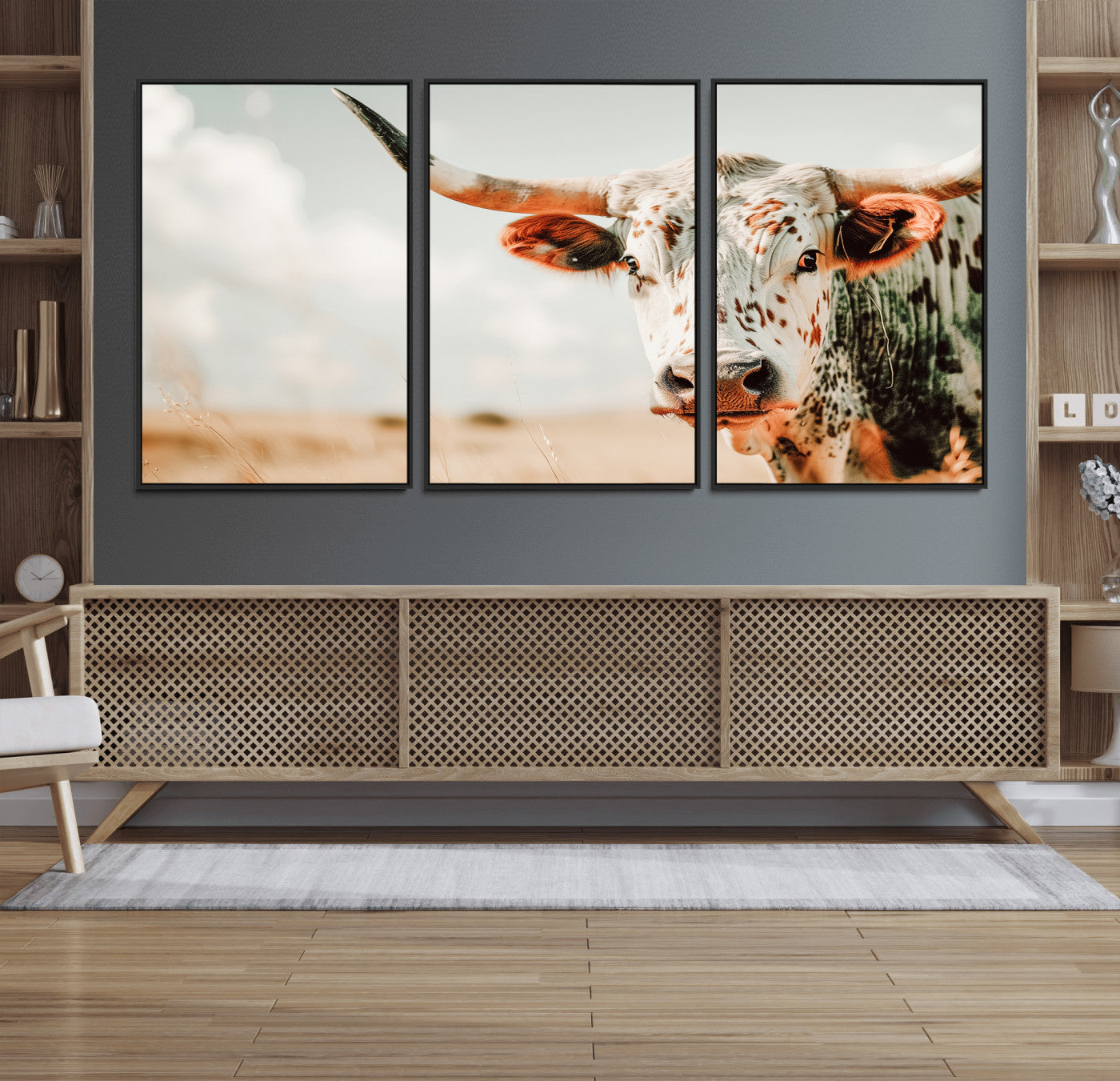 72766375-MGV-FC-60X30-3P_Black-Texas Longhorn Wall Art Canvas Print, Framed Spotted Cow Art Picture Print, Horned Cattle Perfect Rustic Western Decor Artwork