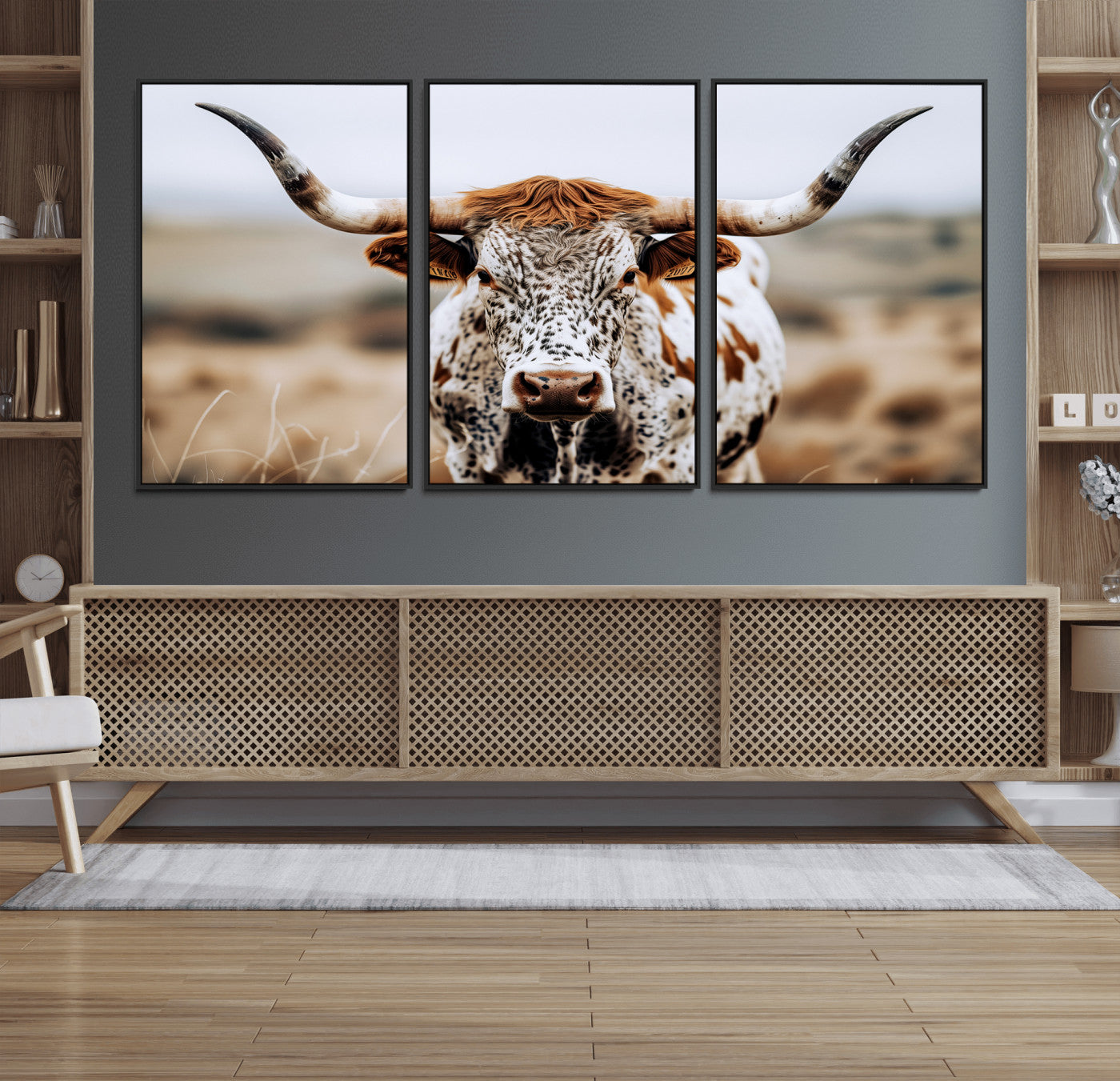 76294381-MGV-CV-36X24-Texas Longhorn Wall Art Canvas Print, Framed Spotted Cow Art Picture Print, Horned Cattle Perfect Rustic Western Decor Artwork
