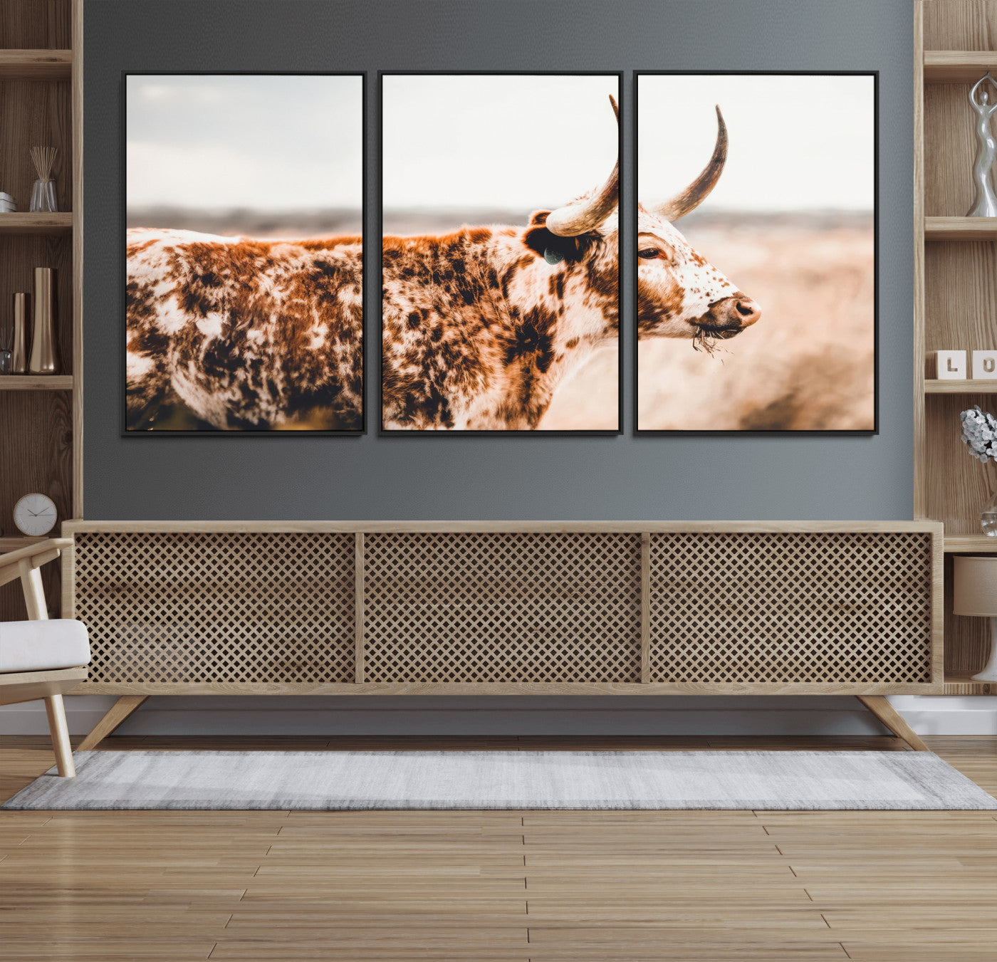 11528295-MGV-FC-60X30-3P_Black-Speckled Longhorn Wall Art Canvas Print, Framed Texas Cattle Art Picture Print, Horned Cow Perfect Rustic Western Decor Artwork