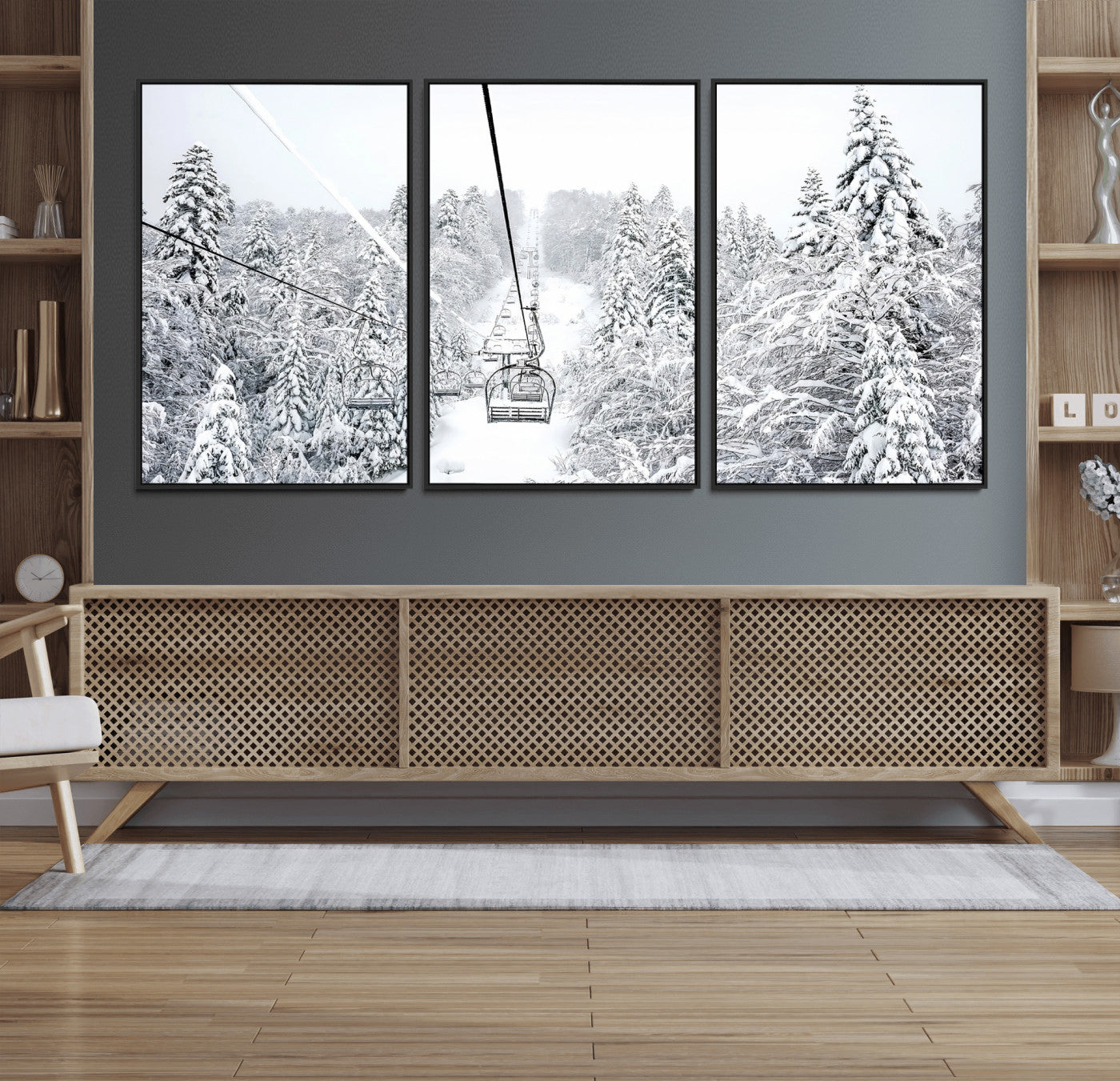 60296839-MGV-FC-60X30-3P_Black-Snowy Mountains Wall Art Canvas Print, Framed Ski Lift Art Picture Print, Winter Forest Perfect Winter Minimalist Decor Artwork