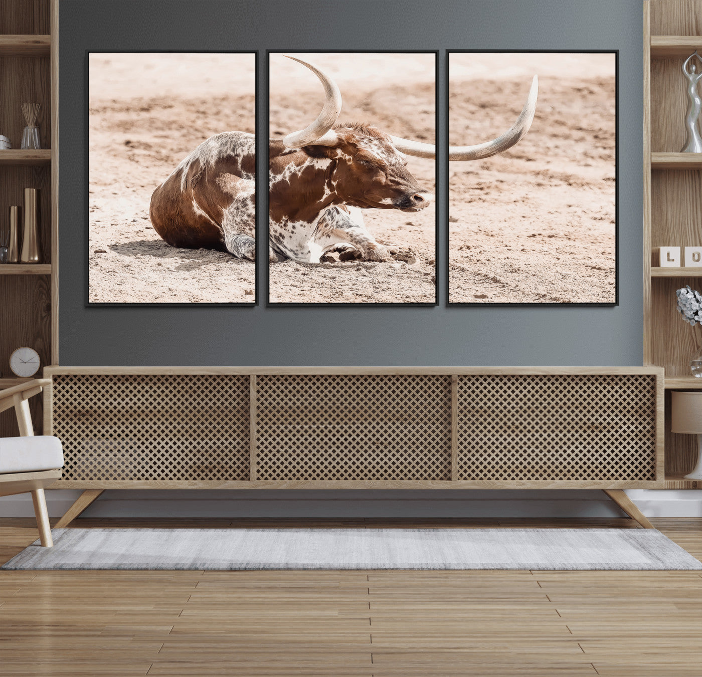 25407592-MGV-CV-36X24-Texas Longhorn Wall Art Canvas Print, Framed Resting Bull Art Picture Print, Spotted Cattle Perfect Rustic Western Decor Artwork