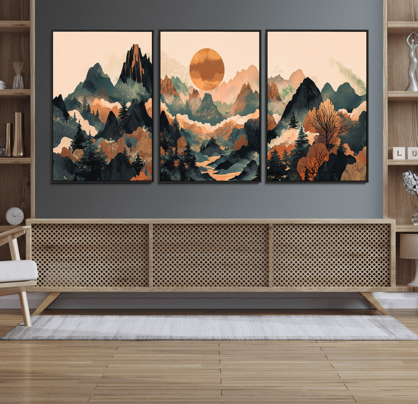 13012770-MGV-FC-60X30-3P_Black-Mountain Landscape Wall Art – Modern Nature Canvas Print with Sun, Misty Peaks, and Forest in Orange and Green Tones for Living