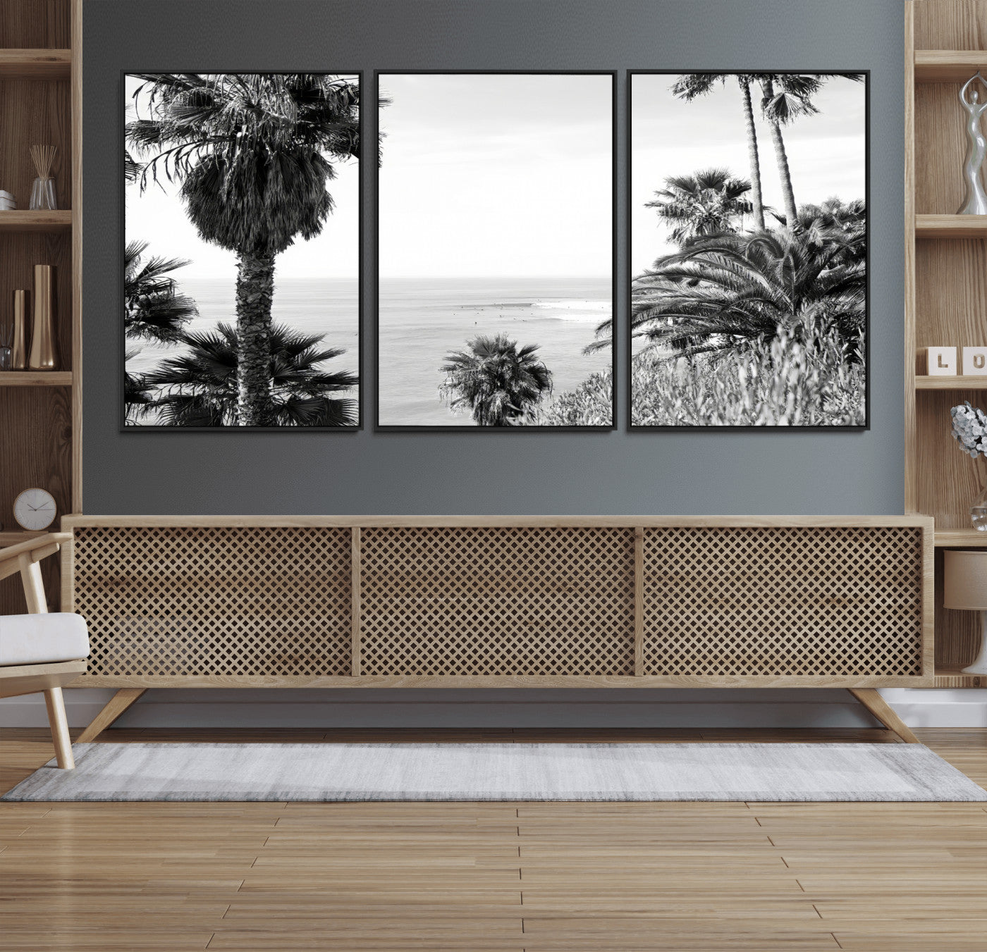89458520-MGV-CV-36X24-Palm Trees Wall Art Canvas Print, Framed Coastal View Art Picture Print, Ocean Horizon Perfect Monochrome Coast Decor Artwork