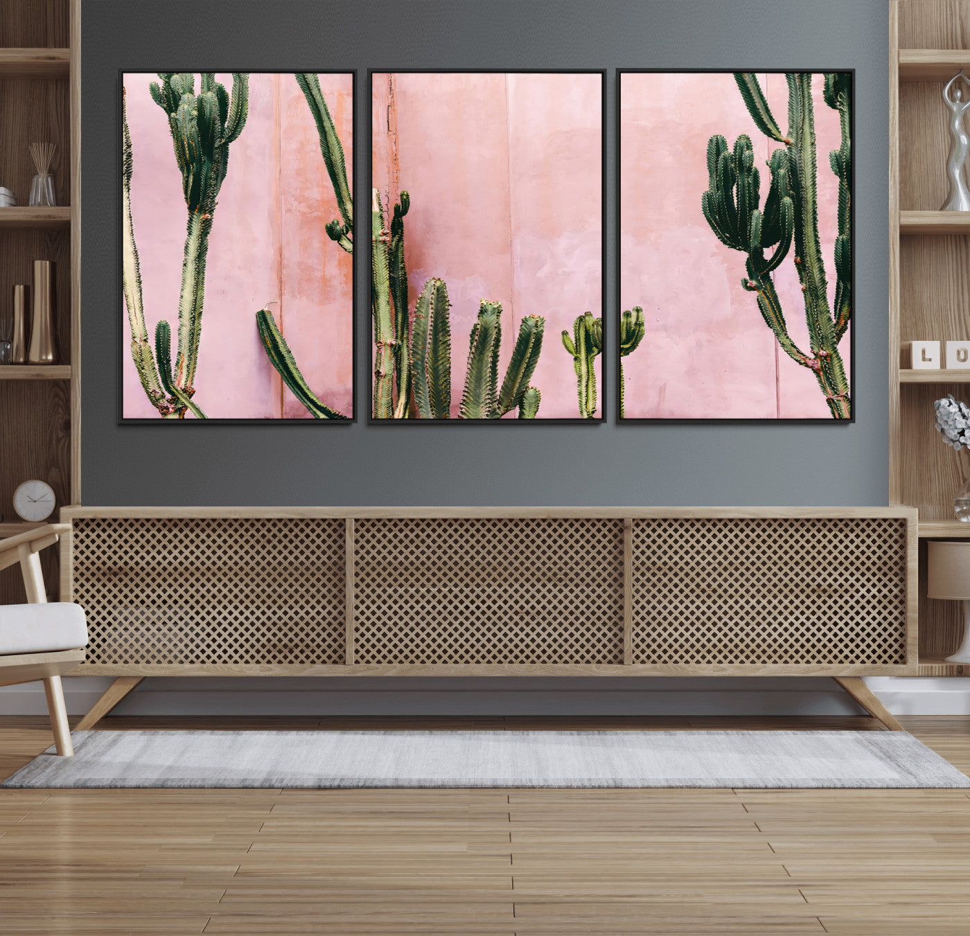 93119502-MGV-FC-60X30-3P_Black-Tall Cactus Wall Art Canvas Print, Framed Pink Wall Art Picture Print, Cactus Lines Perfect Modern Desert Decor Artwork