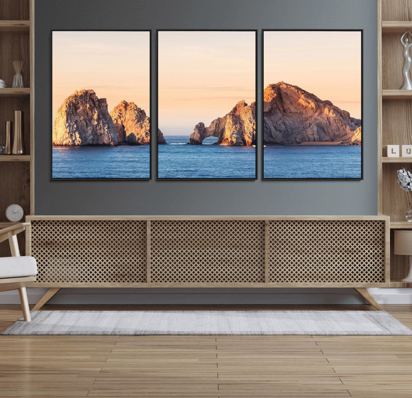 72996116-MGV-FC-60X30-3P_Black-El Arco Wall Art Canvas Print, Framed Cabo Rocks Art Picture Print, Ocean Arch Perfect Golden Coastal Landmark Decor Artwork