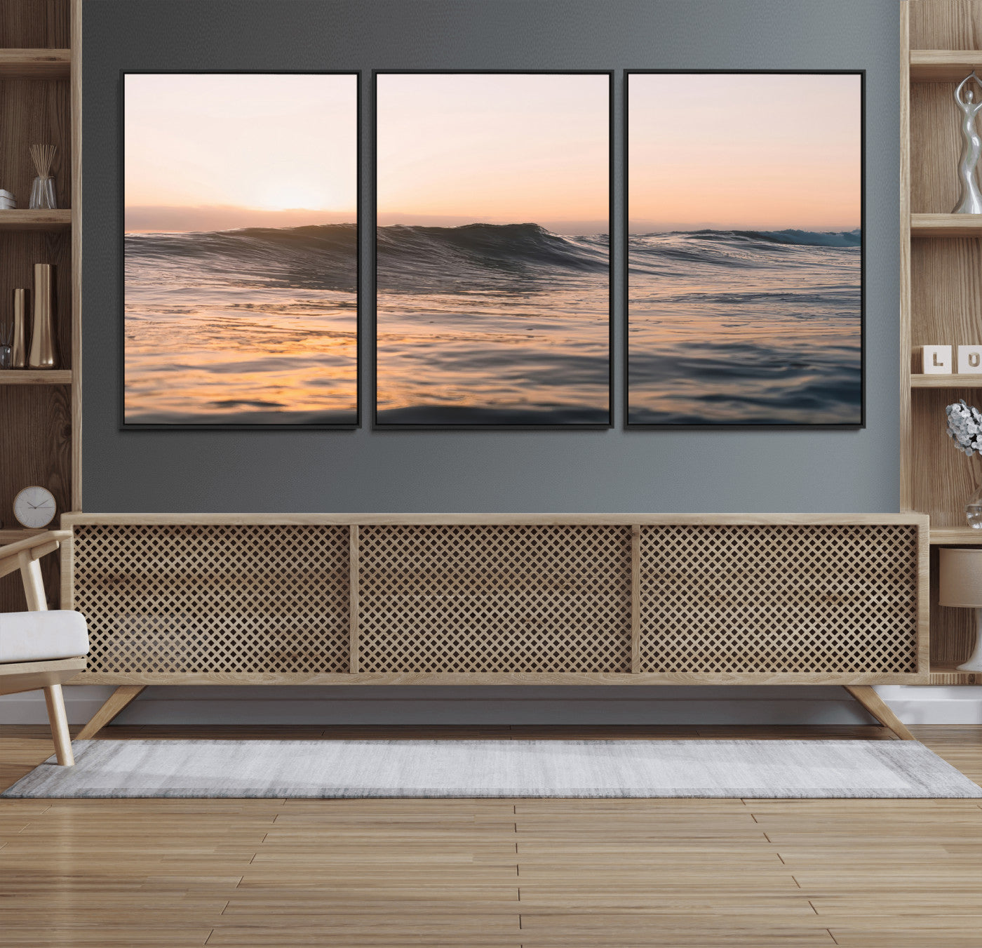 46299358-MGV-CV-36X24-Sunset Waves Wall Art Canvas Print, Framed Ocean Horizon Art Picture Print, Golden Water Perfect Golden Hour Coastal Decor Artwork