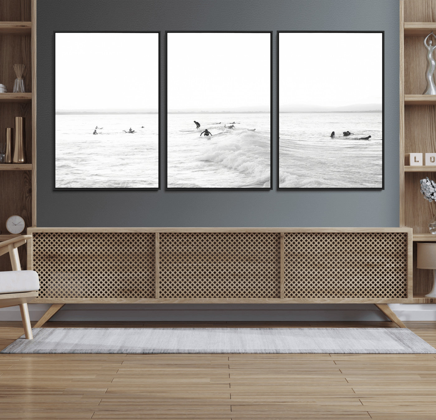 33449548-MGV-CV-36X24-Group Surfers Wall Art Canvas Print, Framed Ocean Wave Art Picture Print, Surf Crowd Perfect Monochrome Surf Decor Artwork
