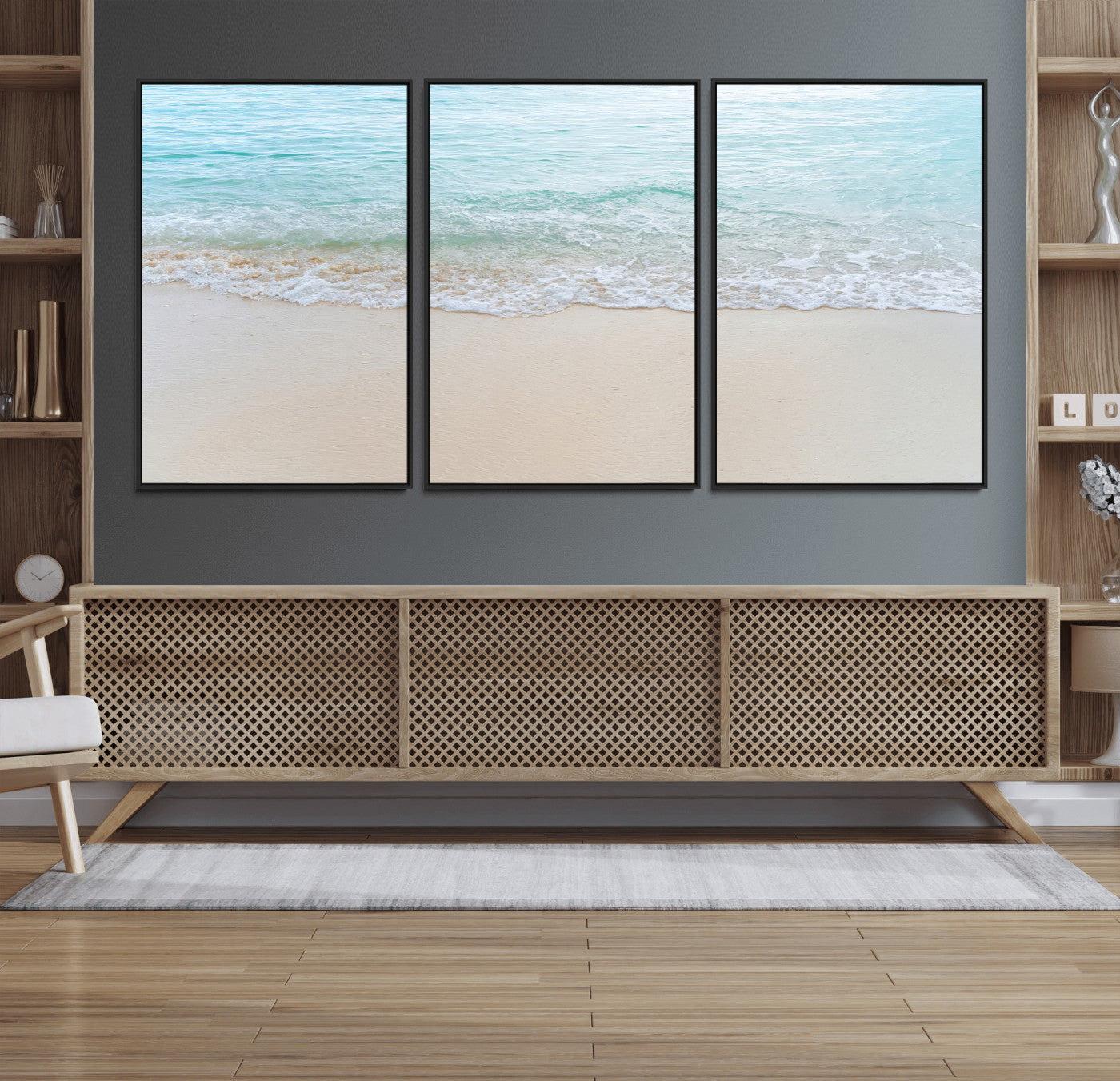 77194056-MGV-CV-36X24-Soft Shoreline Wall Art Canvas Print, Framed Gentle Waves Art Picture Print, Clear Water Perfect Minimalist Coastal Decor Artwork