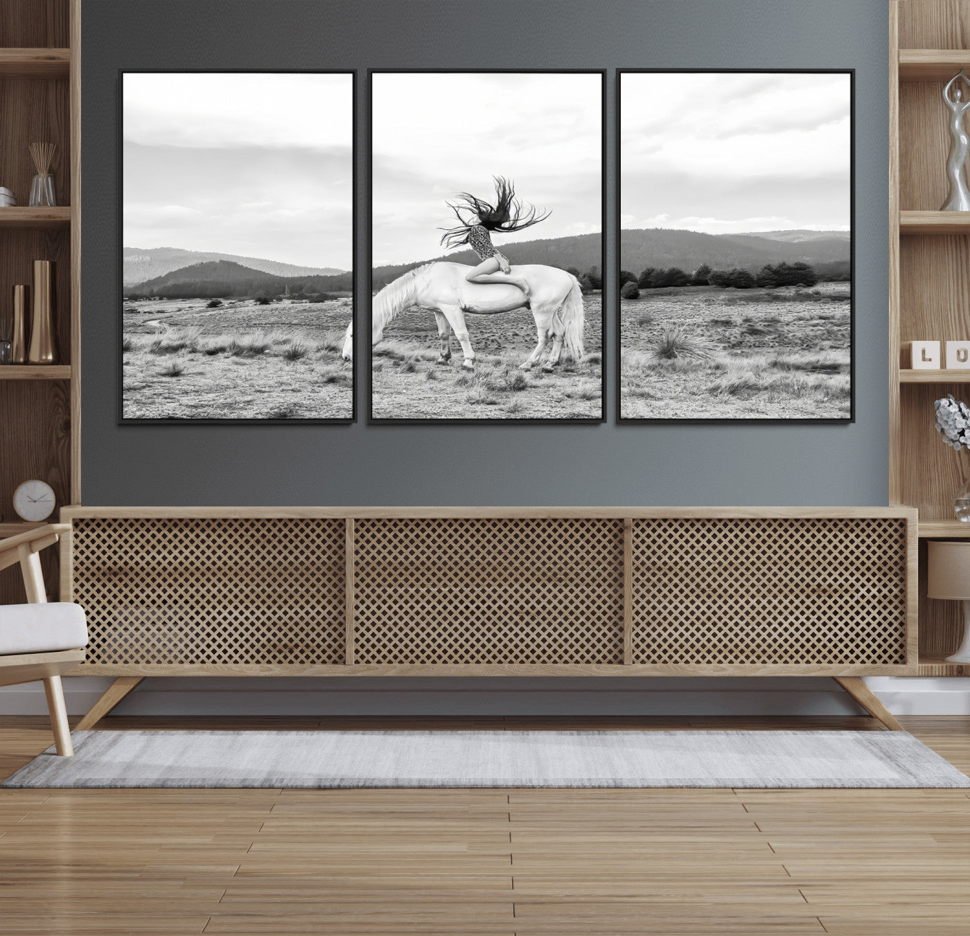 62789800-MGV-CV-36X24-White Horse Wall Art Canvas Print, Framed Woman Rider Art Picture Print, Equestrian Pose Perfect Western Boho Decor Artwork