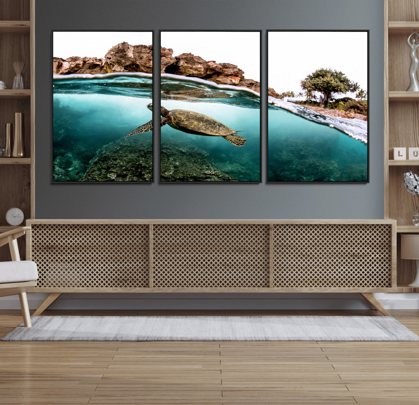 44200301-MGV-CV-36X24-Sea Turtle Swim Wall Art Canvas Print, Framed Ocean Life Art Picture Print, Tropical Shoreline Perfect Tropical Coastal Decor